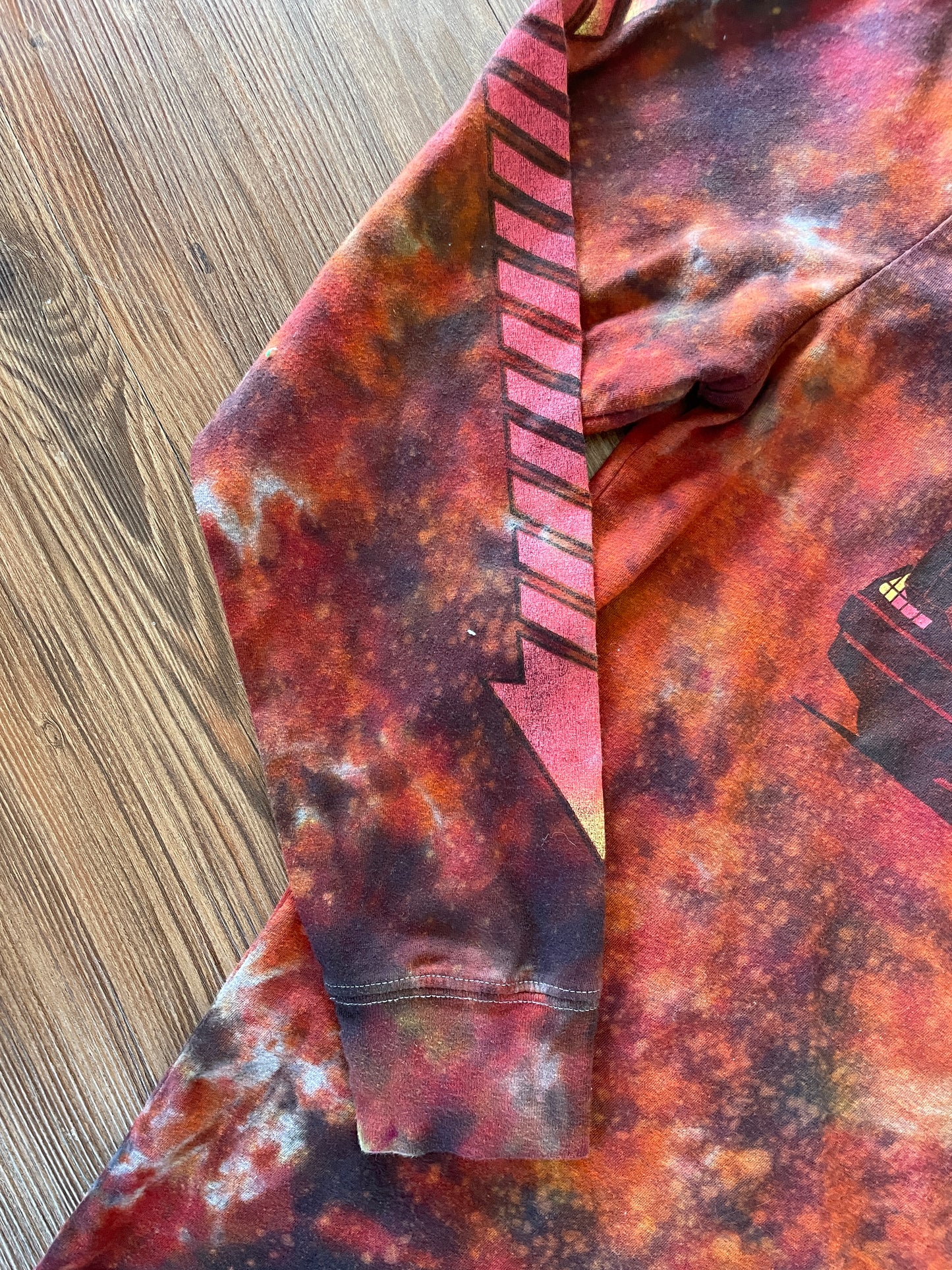 Medium Men’s Back to the Future DeLorean Handmade Tie Dye Long Sleeve T-Shirt | Red, Orange, and Black Fire Dye Tie Dye Long Sleeve