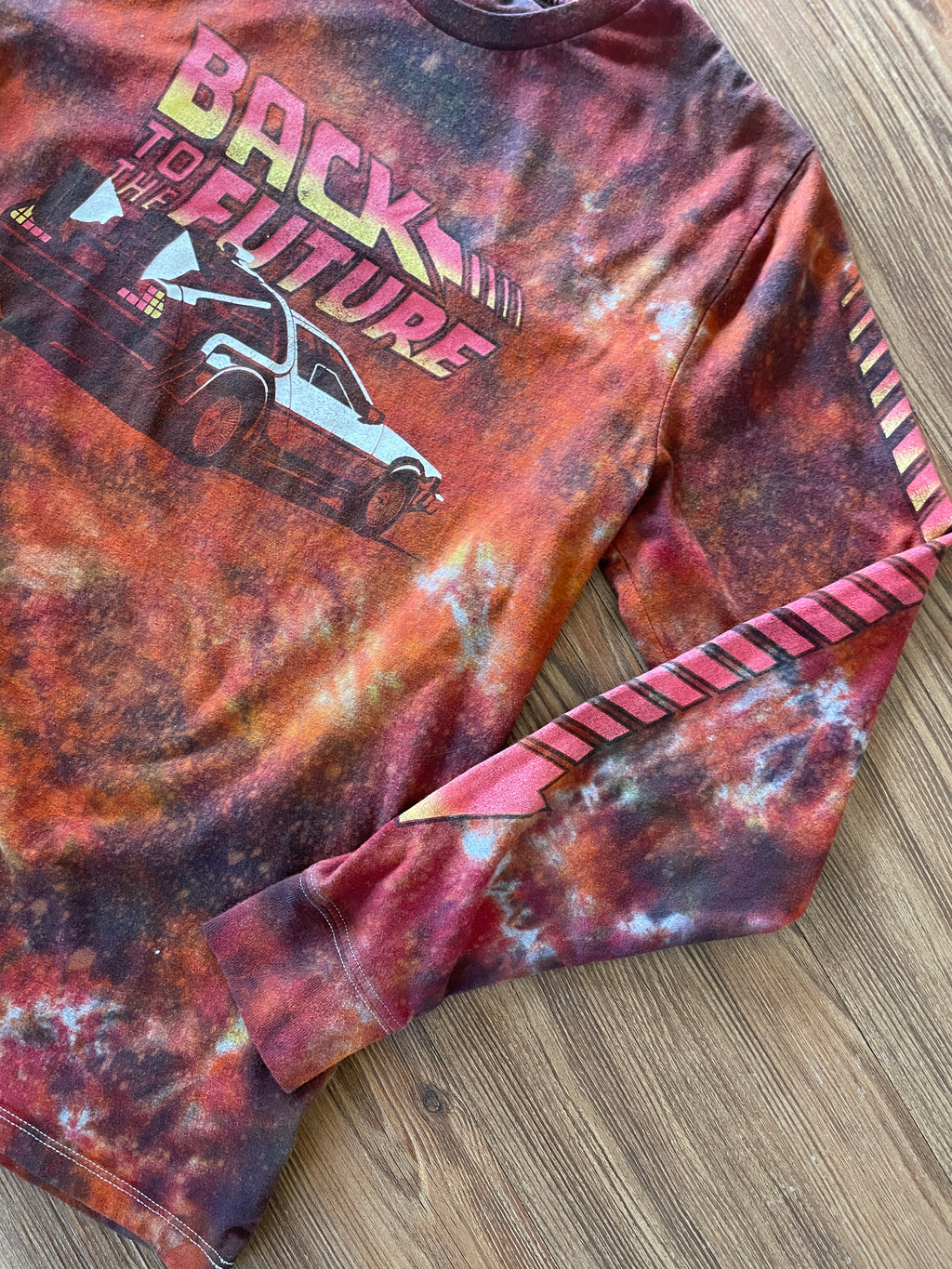 Medium Men’s Back to the Future DeLorean Handmade Tie Dye Long Sleeve T-Shirt | Red, Orange, and Black Fire Dye Tie Dye Long Sleeve