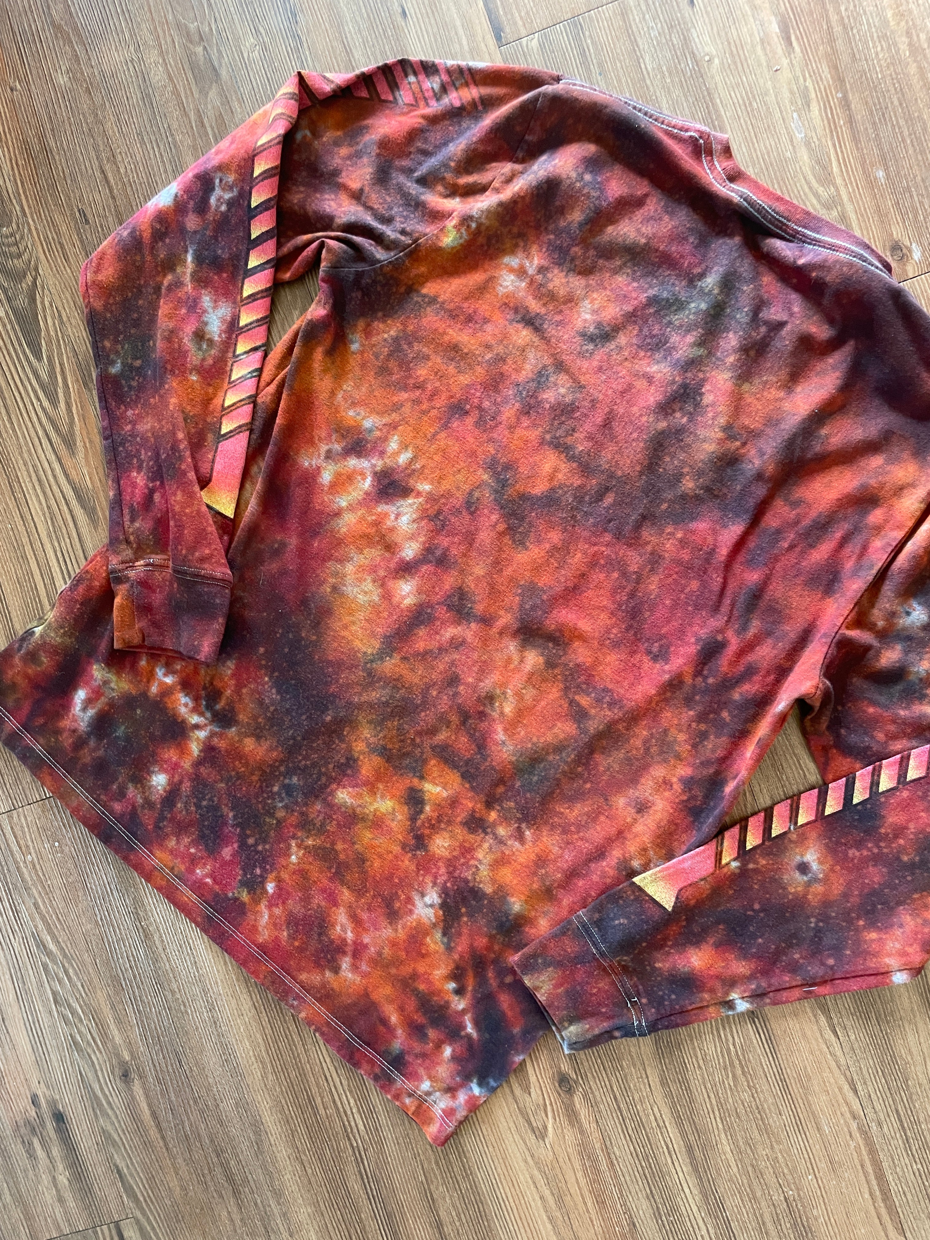 Medium Men’s Back to the Future DeLorean Handmade Tie Dye Long Sleeve T-Shirt | Red, Orange, and Black Fire Dye Tie Dye Long Sleeve