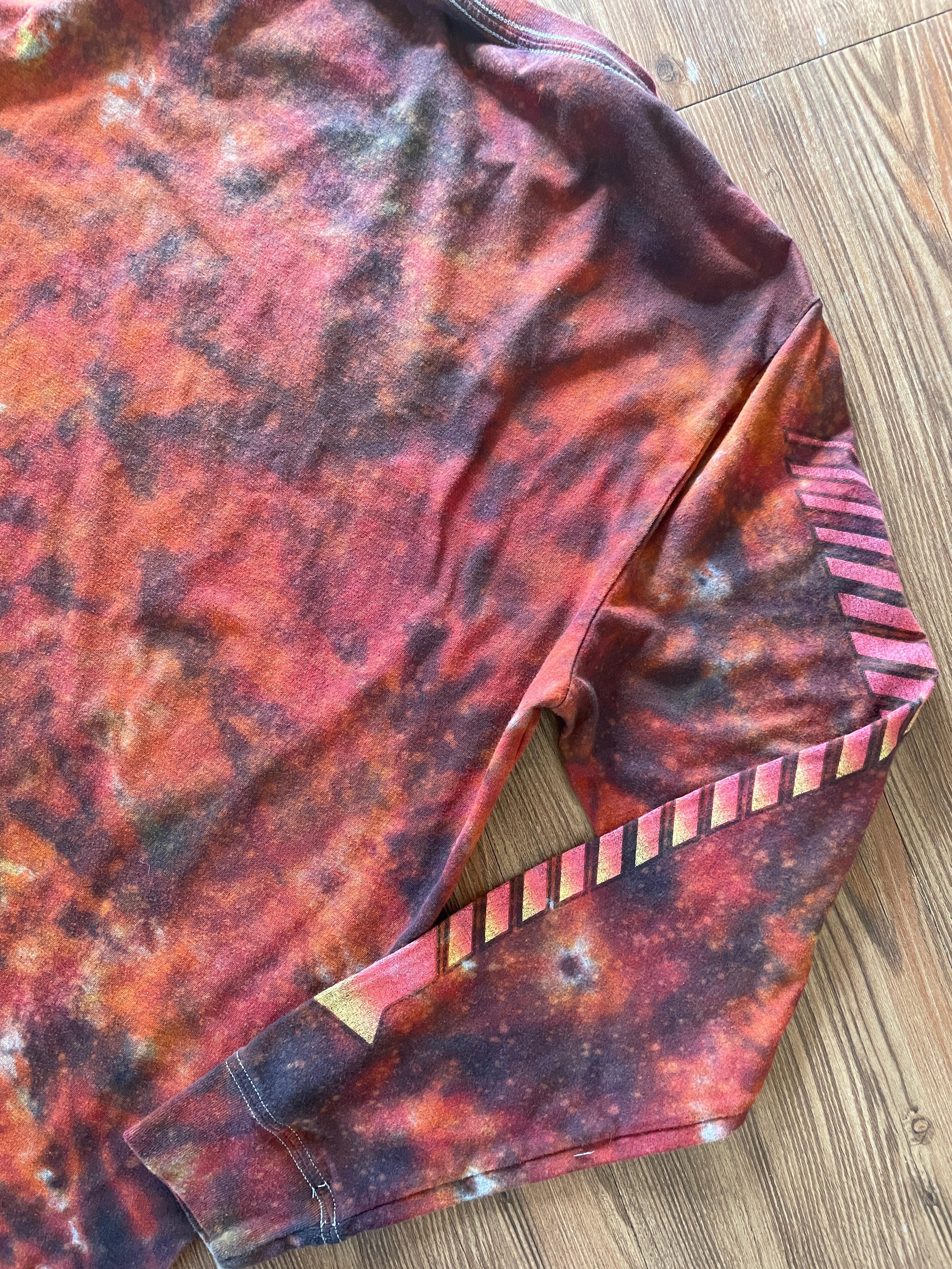 Medium Men’s Back to the Future DeLorean Handmade Tie Dye Long Sleeve T-Shirt | Red, Orange, and Black Fire Dye Tie Dye Long Sleeve