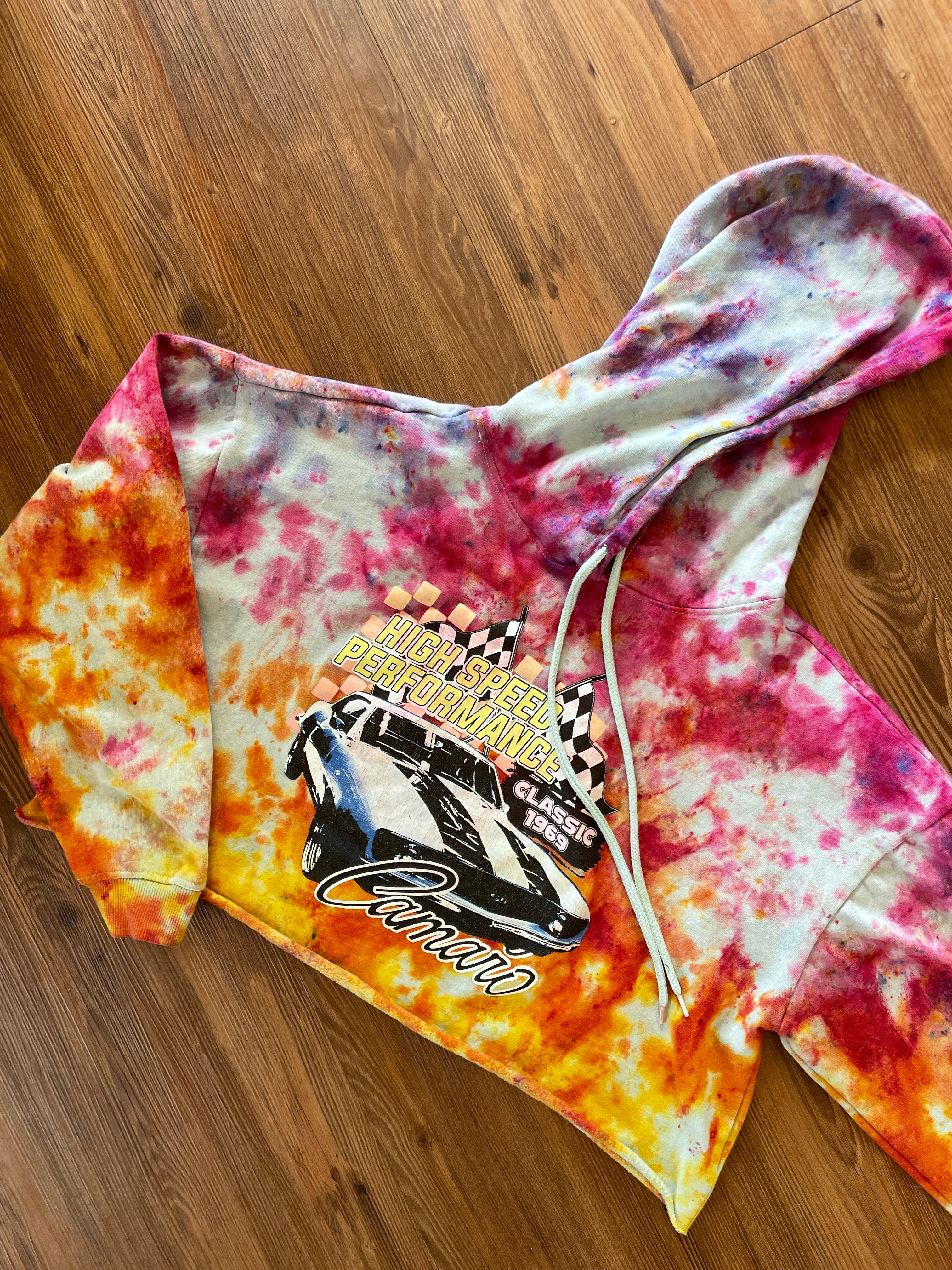 Large Unisex 1969 Camaro Handmade Tie Dye Cropped Hoodie | Pastel Purple, Pink, and Orange Crumpled Tie Dye Long Sleeve