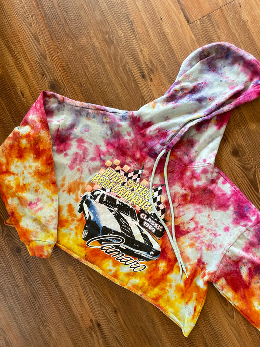 Large Unisex 1969 Camaro Handmade Tie Dye Cropped Hoodie | Pastel Purple, Pink, and Orange Crumpled Tie Dye Long Sleeve