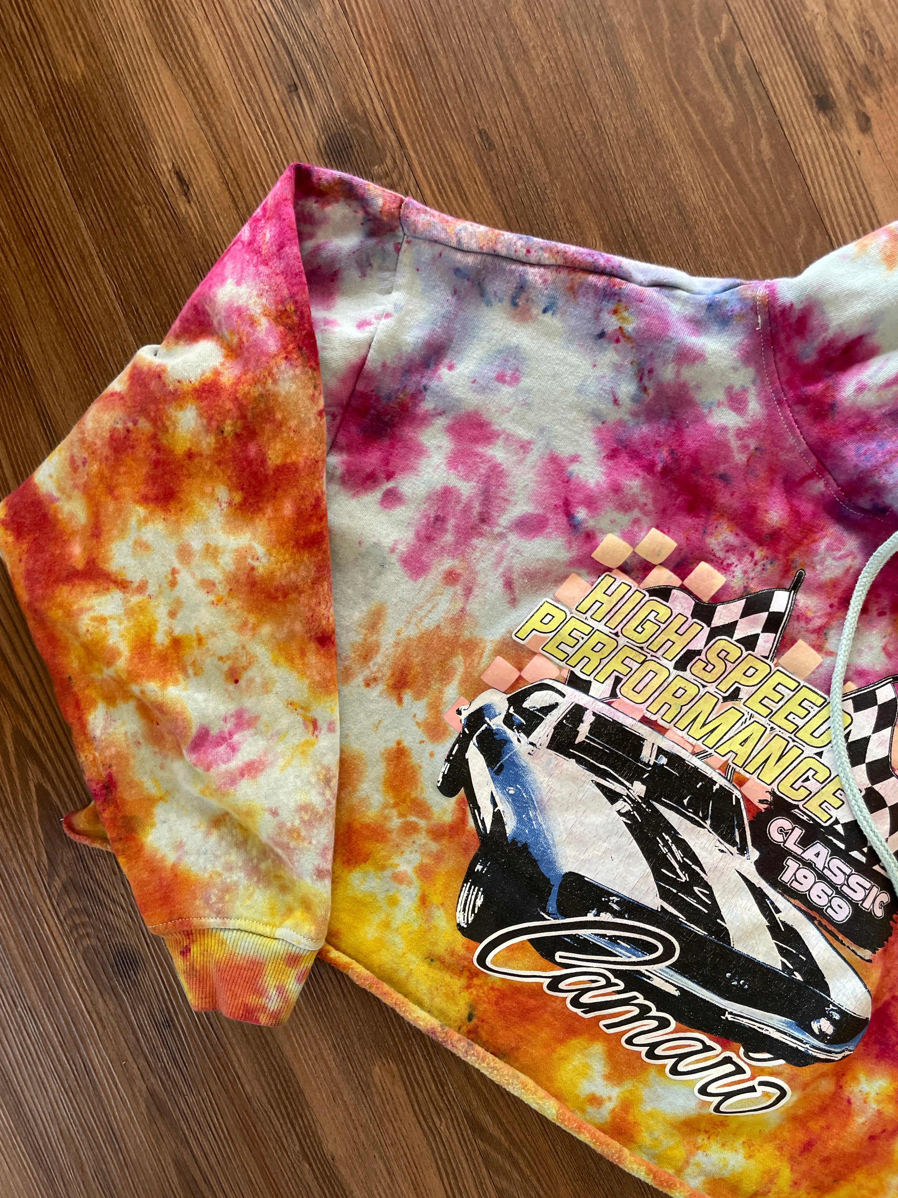 Large Unisex 1969 Camaro Handmade Tie Dye Cropped Hoodie | Pastel Purple, Pink, and Orange Crumpled Tie Dye Long Sleeve