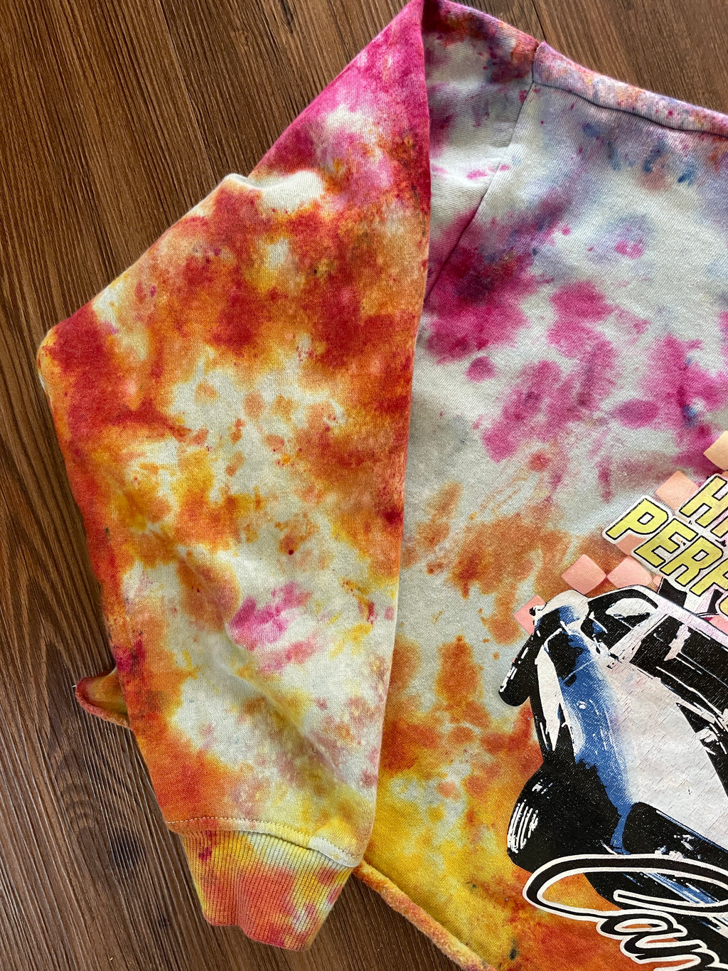 Large Unisex 1969 Camaro Handmade Tie Dye Cropped Hoodie | Pastel Purple, Pink, and Orange Crumpled Tie Dye Long Sleeve