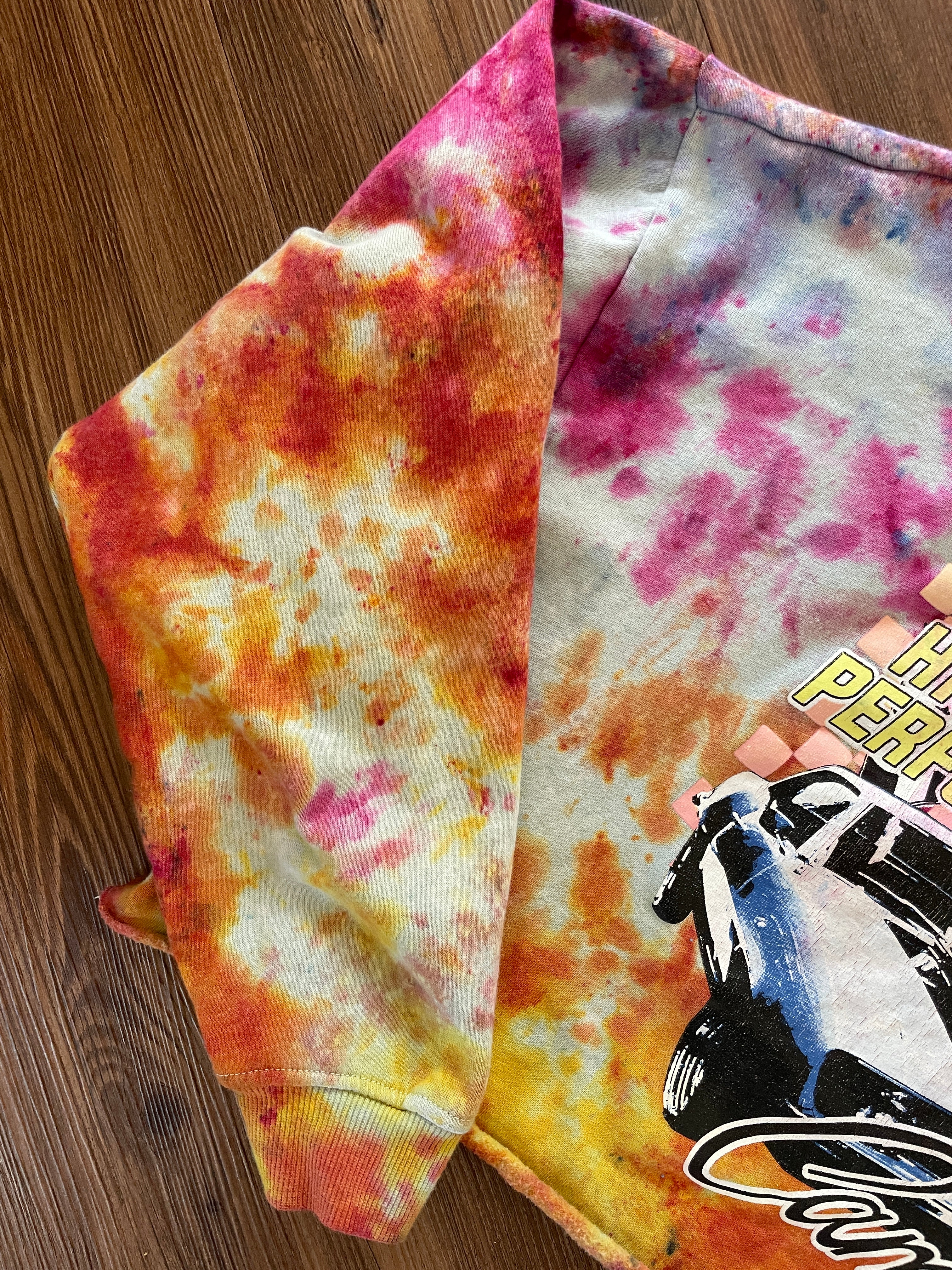 Large Unisex 1969 Camaro Handmade Tie Dye Cropped Hoodie | Pastel Purple, Pink, and Orange Crumpled Tie Dye Long Sleeve