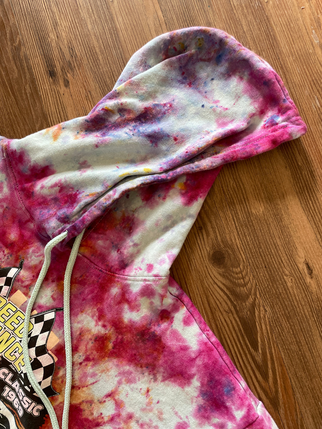 Large Unisex 1969 Camaro Handmade Tie Dye Cropped Hoodie | Pastel Purple, Pink, and Orange Crumpled Tie Dye Long Sleeve