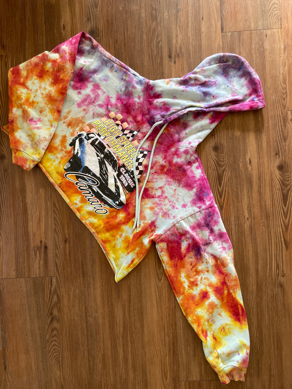 Large Unisex 1969 Camaro Handmade Tie Dye Cropped Hoodie | Pastel Purple, Pink, and Orange Crumpled Tie Dye Long Sleeve