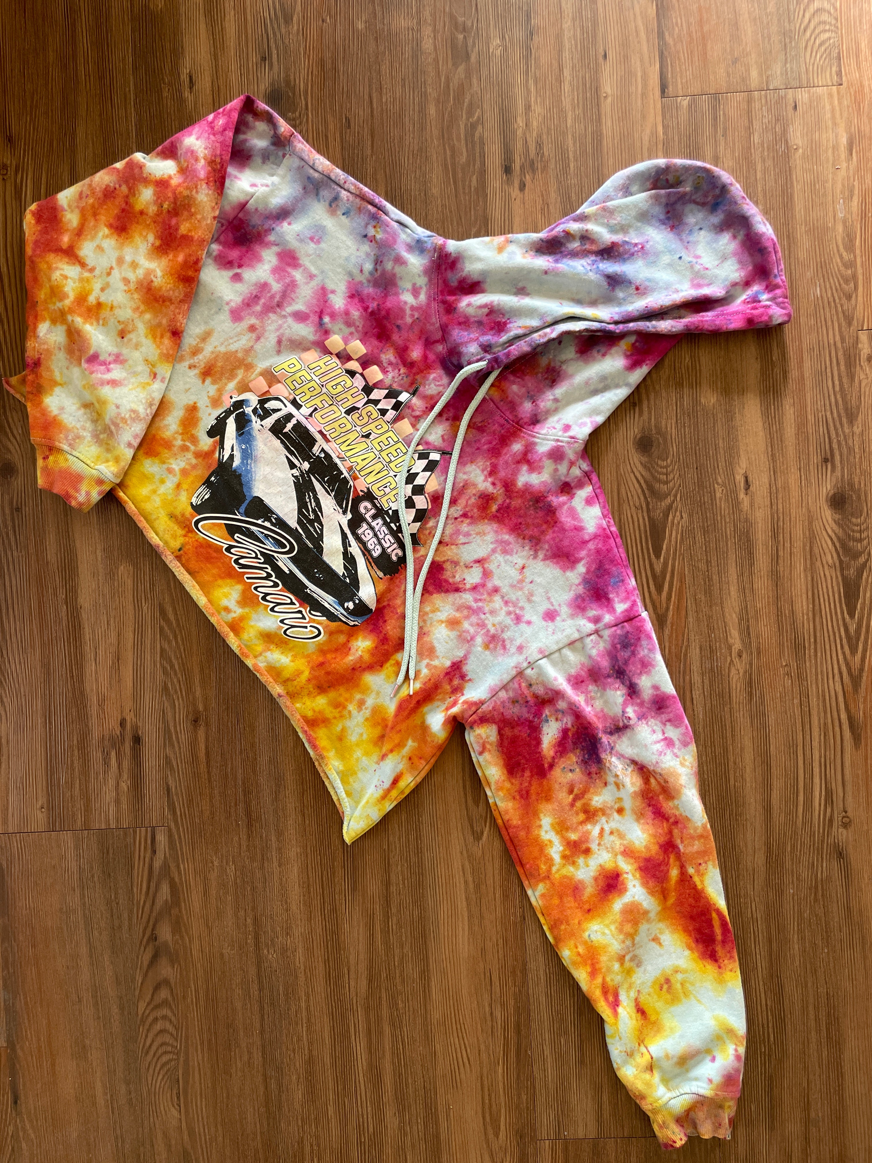Large Unisex 1969 Camaro Handmade Tie Dye Cropped Hoodie | Pastel Purple, Pink, and Orange Crumpled Tie Dye Long Sleeve