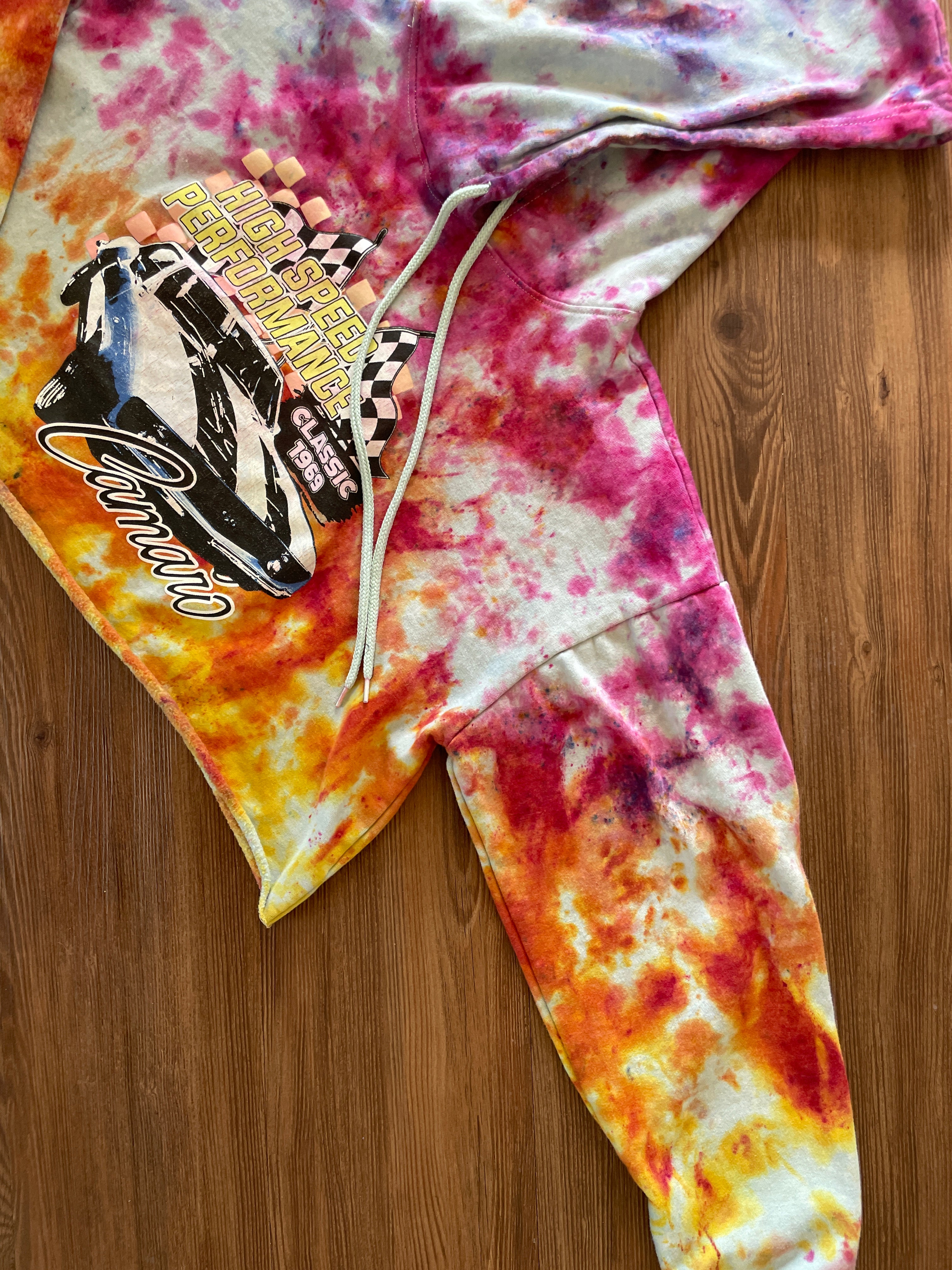 Large Unisex 1969 Camaro Handmade Tie Dye Cropped Hoodie | Pastel Purple, Pink, and Orange Crumpled Tie Dye Long Sleeve
