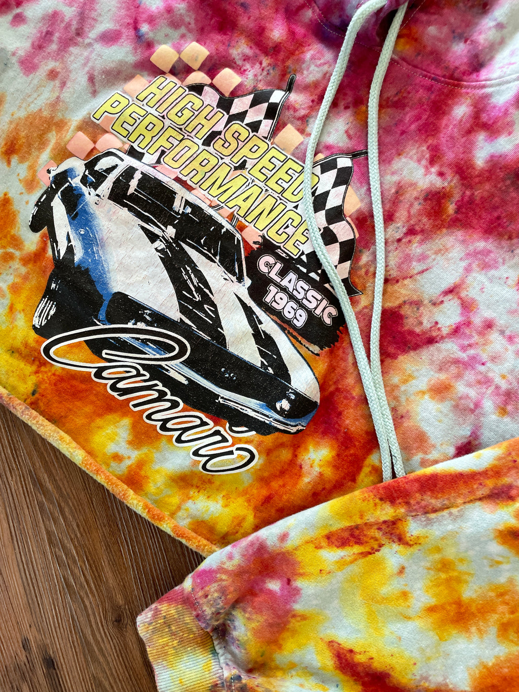 Large Unisex 1969 Camaro Handmade Tie Dye Cropped Hoodie | Pastel Purple, Pink, and Orange Crumpled Tie Dye Long Sleeve