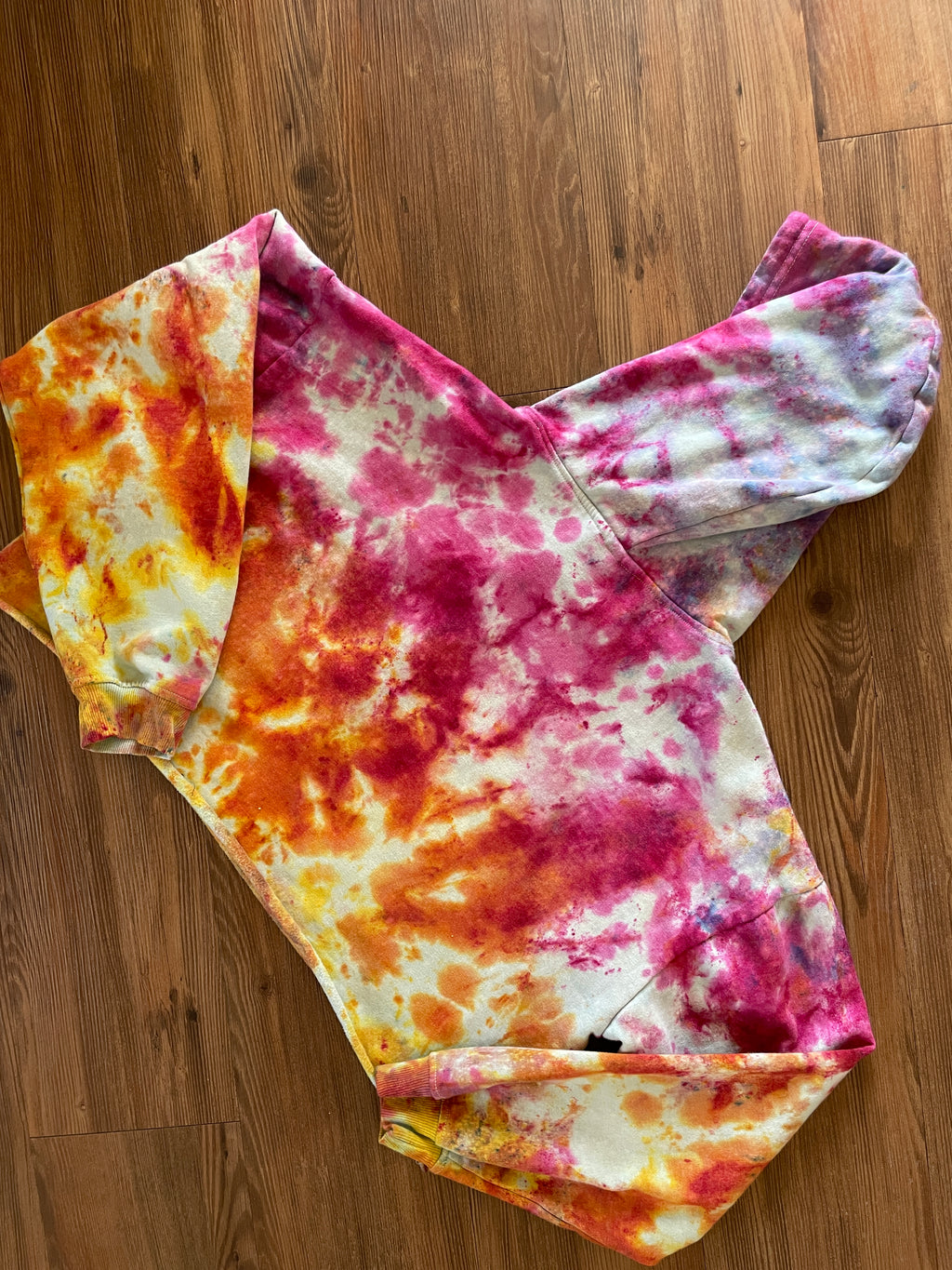 Large Unisex 1969 Camaro Handmade Tie Dye Cropped Hoodie | Pastel Purple, Pink, and Orange Crumpled Tie Dye Long Sleeve