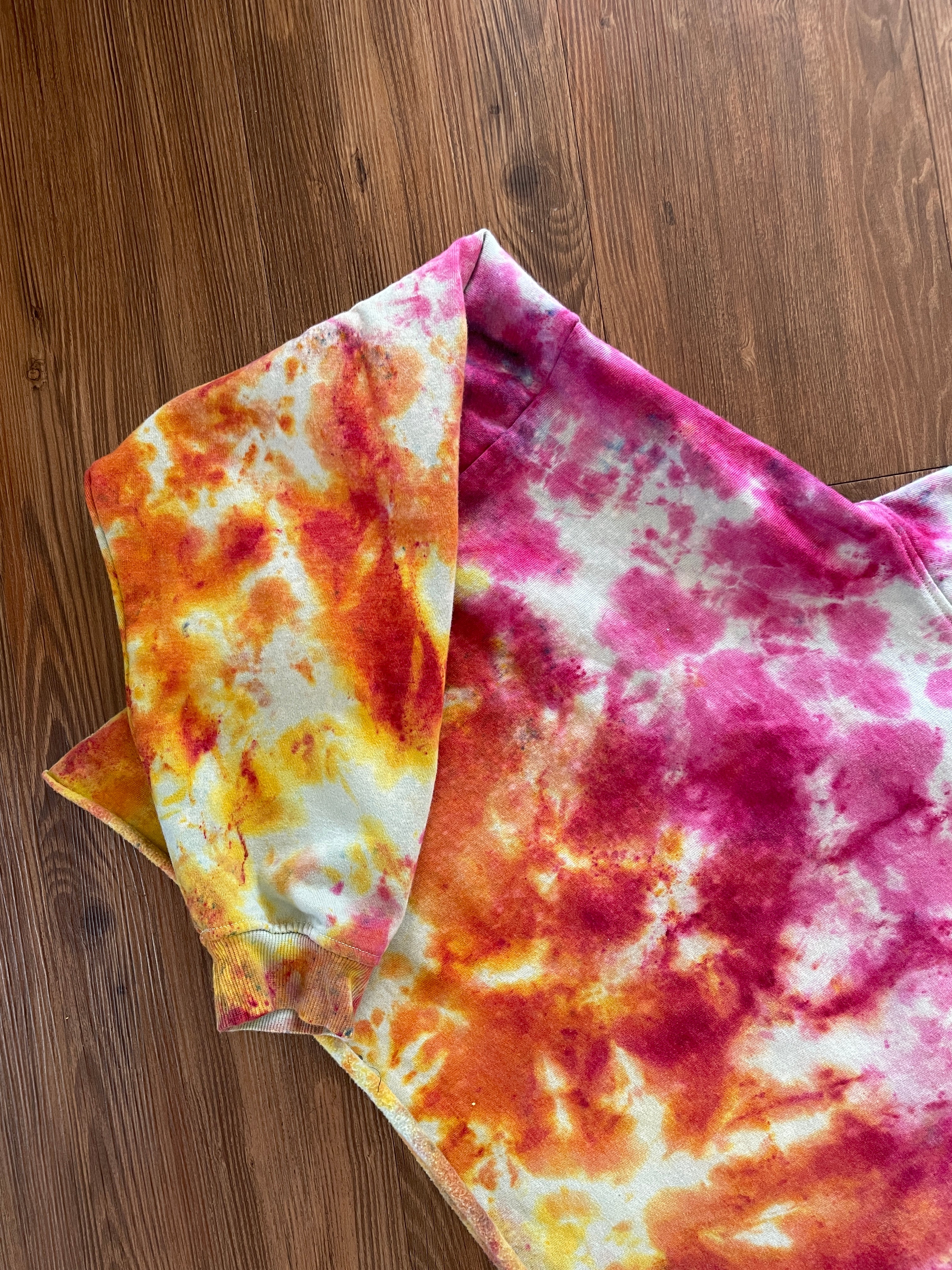 Large Unisex 1969 Camaro Handmade Tie Dye Cropped Hoodie | Pastel Purple, Pink, and Orange Crumpled Tie Dye Long Sleeve