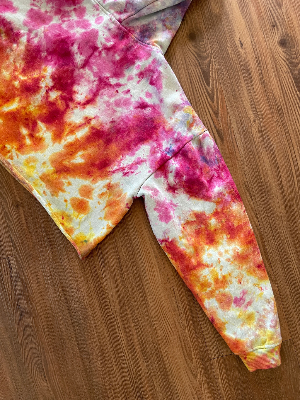 Large Unisex 1969 Camaro Handmade Tie Dye Cropped Hoodie | Pastel Purple, Pink, and Orange Crumpled Tie Dye Long Sleeve