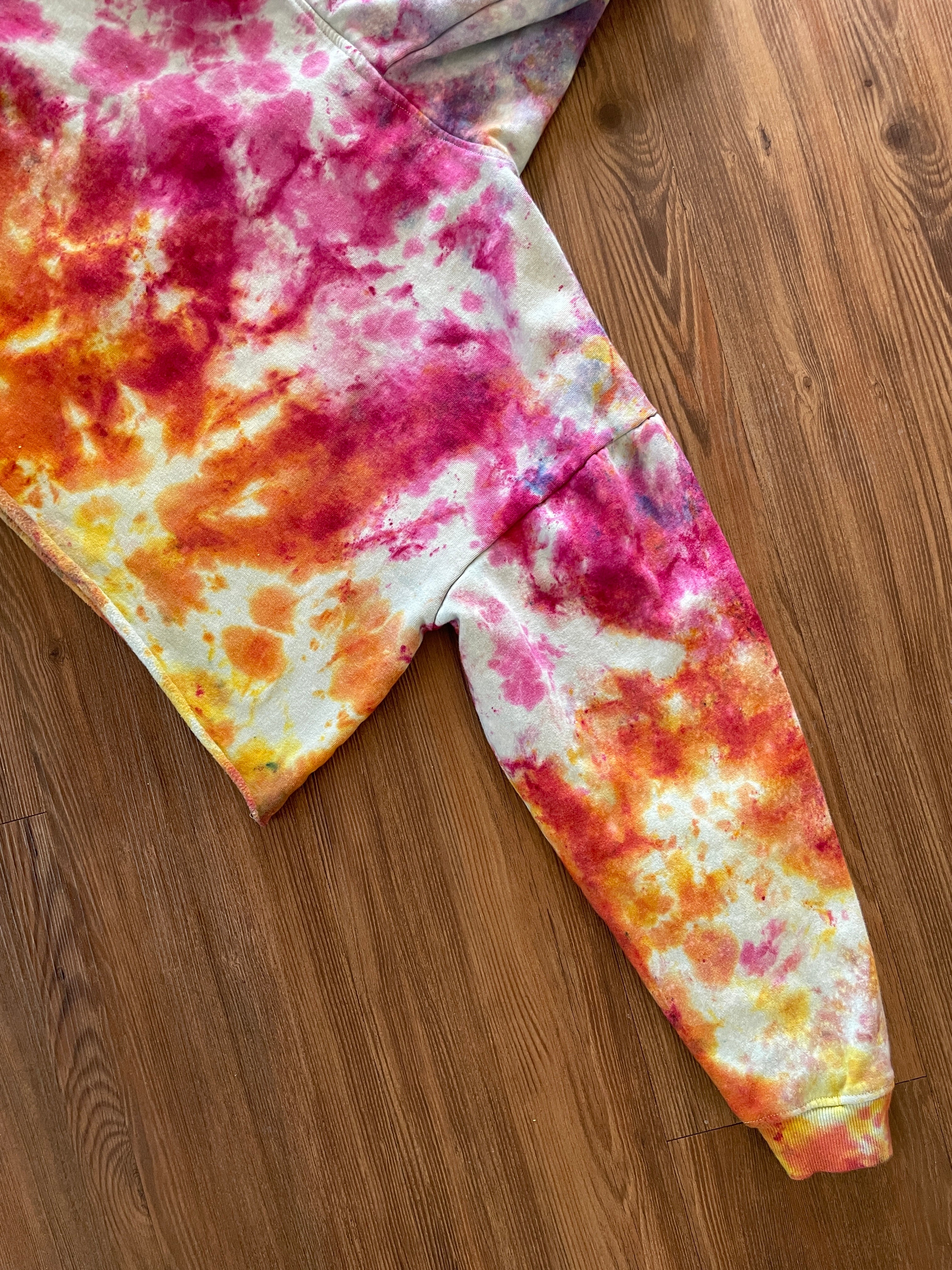 Large Unisex 1969 Camaro Handmade Tie Dye Cropped Hoodie | Pastel Purple, Pink, and Orange Crumpled Tie Dye Long Sleeve