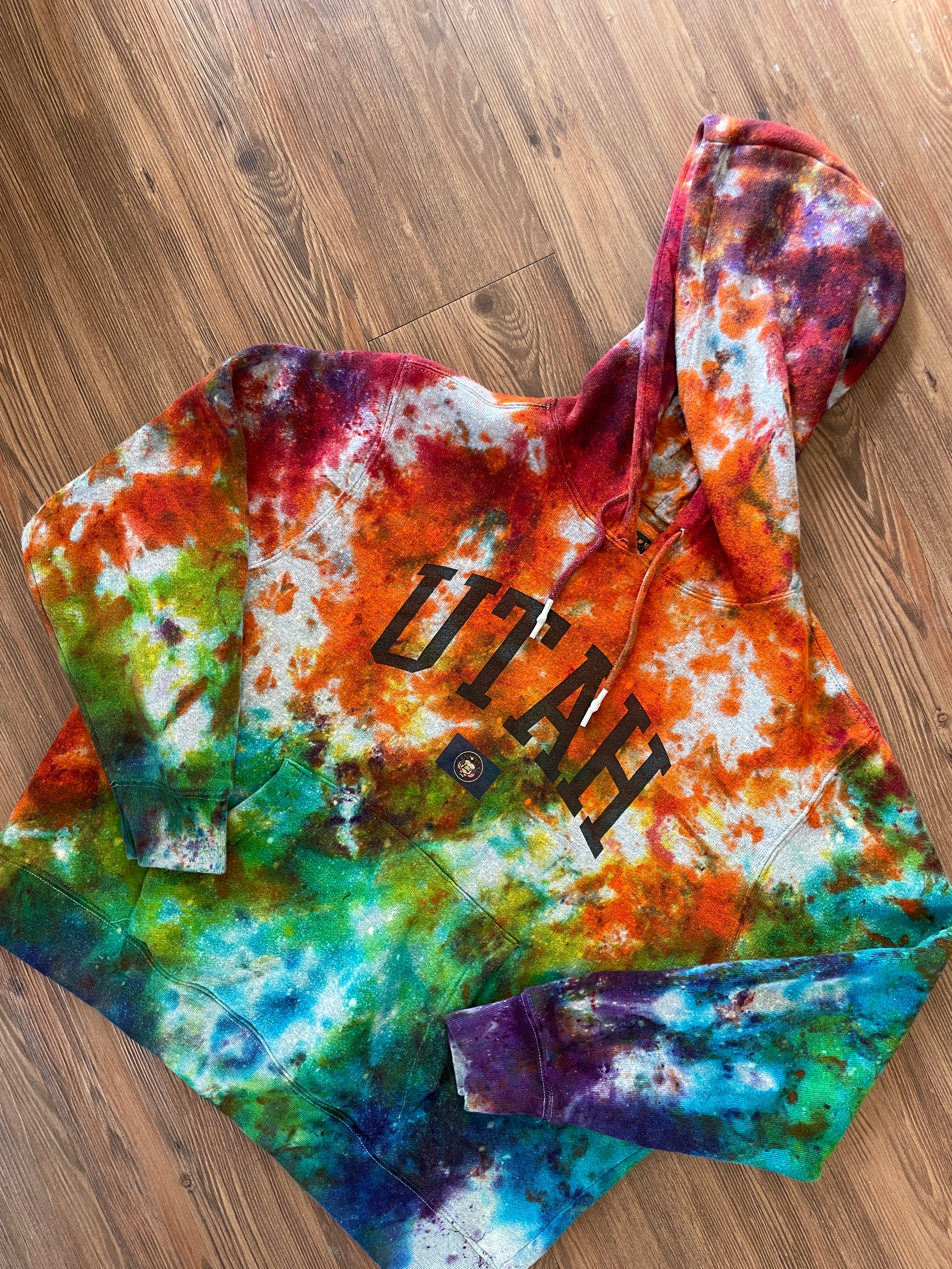XL Men’s Utah Rainbow Handmade Tie Dye Heavyweight Hoodie | Rainbow Crumpled Tie Dye Long Sleeve Hooded Sweatshirt
