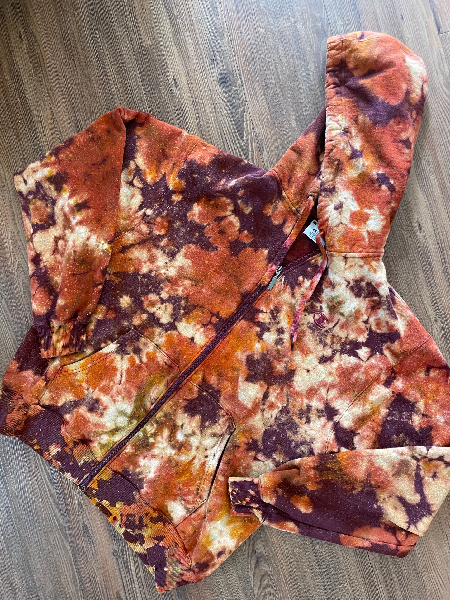 Large Men’s Champion Earth Tones Handmade Tie Dye Zip Hoodie | Maroon and Orange Crumpled Tie Dye Long Sleeve Hooded Sweatshirt