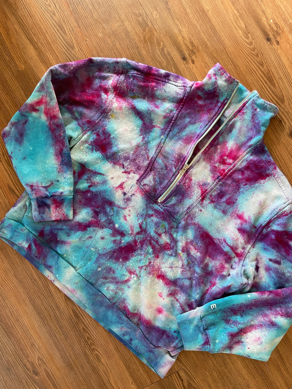 Large Women's Everlane Galaxy Handmade Tie Dye Zip-Up Sweater | Blue, Purple, and Pink Ice Dye Long Sleeve Sweater