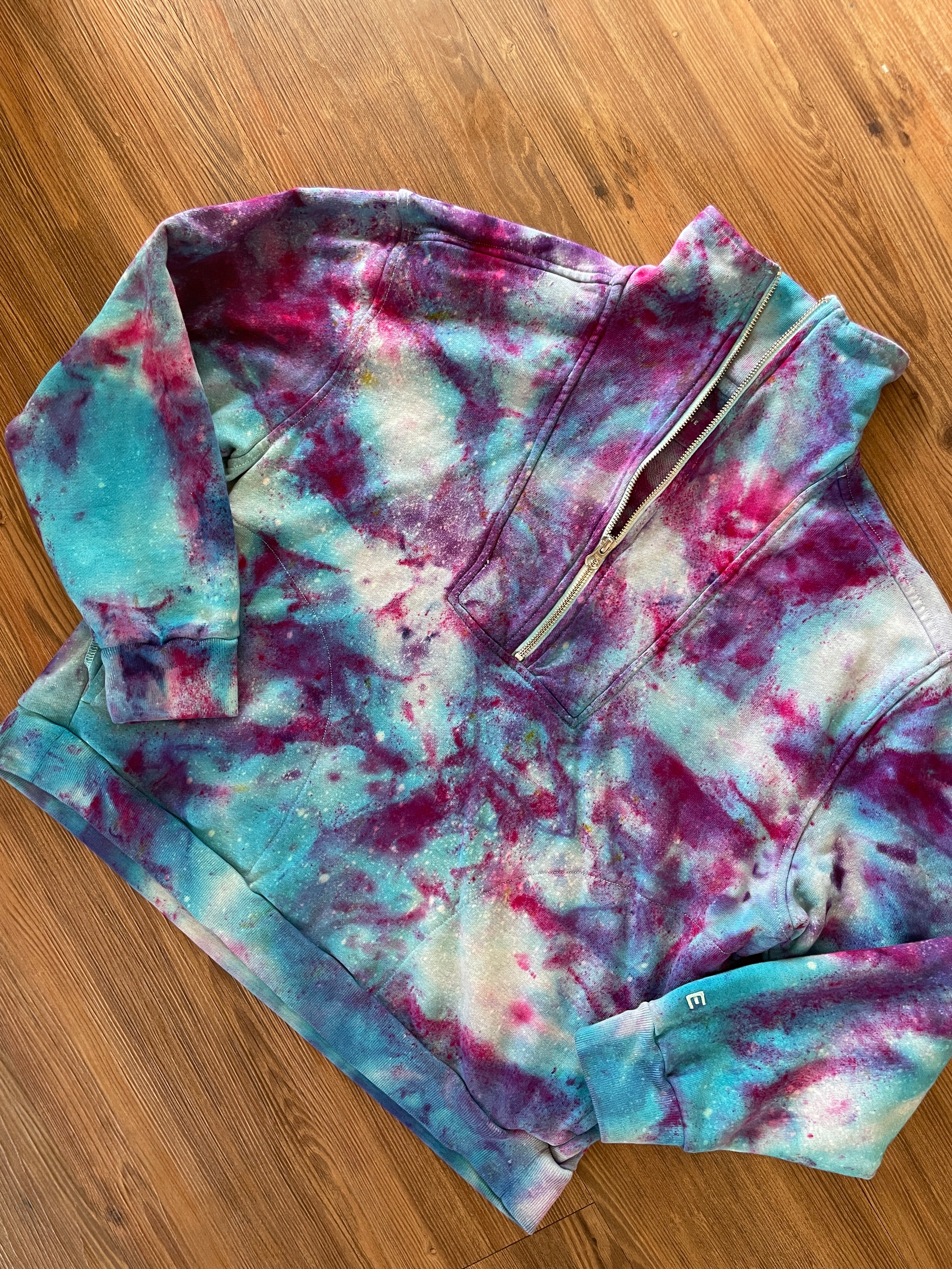 Large Women's Everlane Galaxy Handmade Tie Dye Zip-Up Sweater | Blue, Purple, and Pink Ice Dye Long Sleeve Sweater