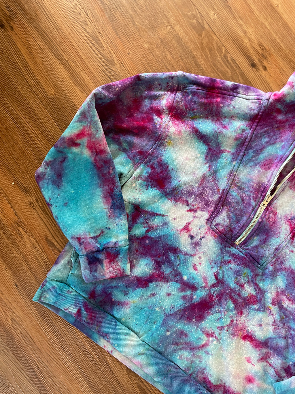 Large Women's Everlane Galaxy Handmade Tie Dye Zip-Up Sweater | Blue, Purple, and Pink Ice Dye Long Sleeve Sweater