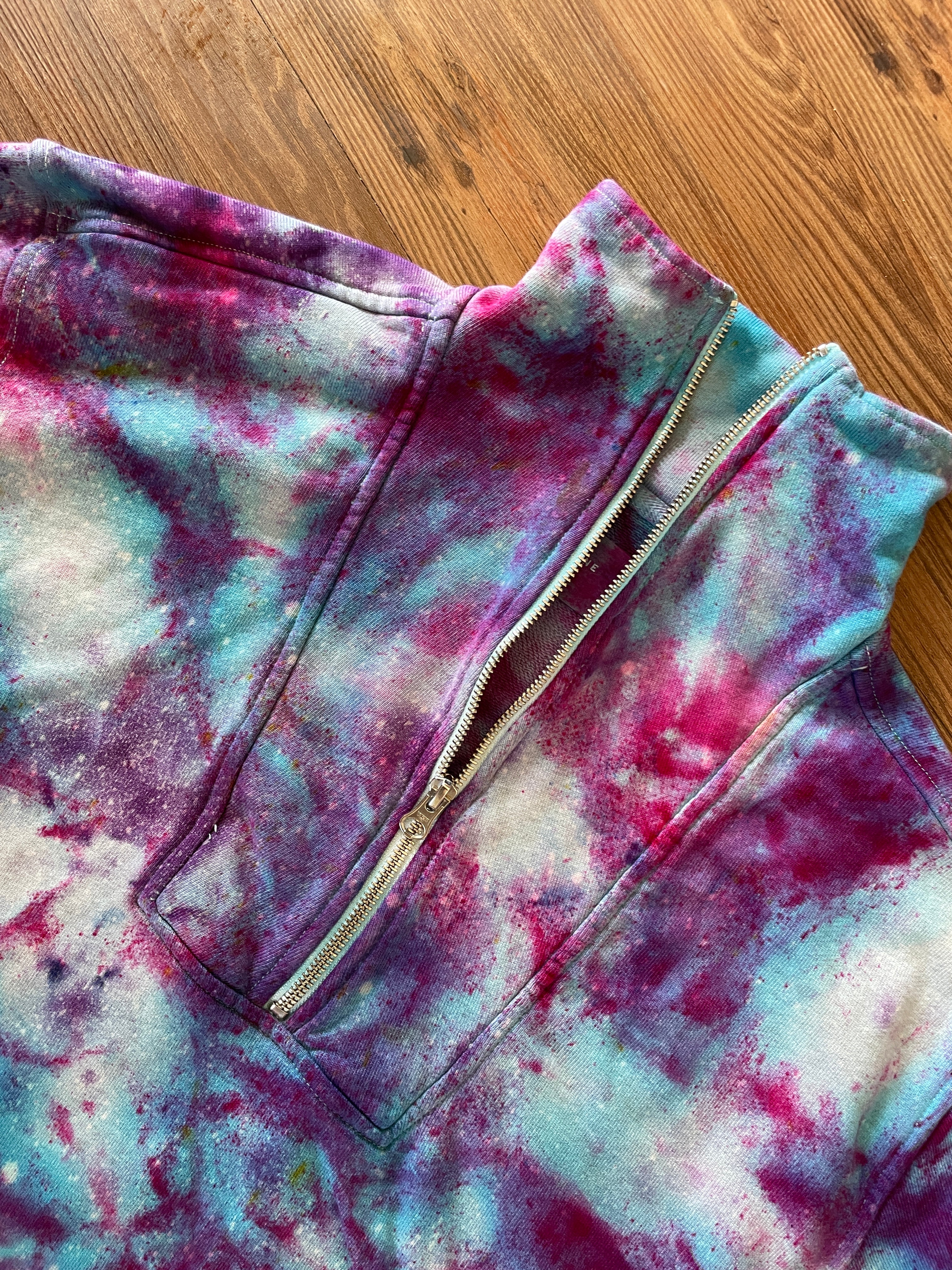 Large Women's Everlane Galaxy Handmade Tie Dye Zip-Up Sweater | Blue, Purple, and Pink Ice Dye Long Sleeve Sweater