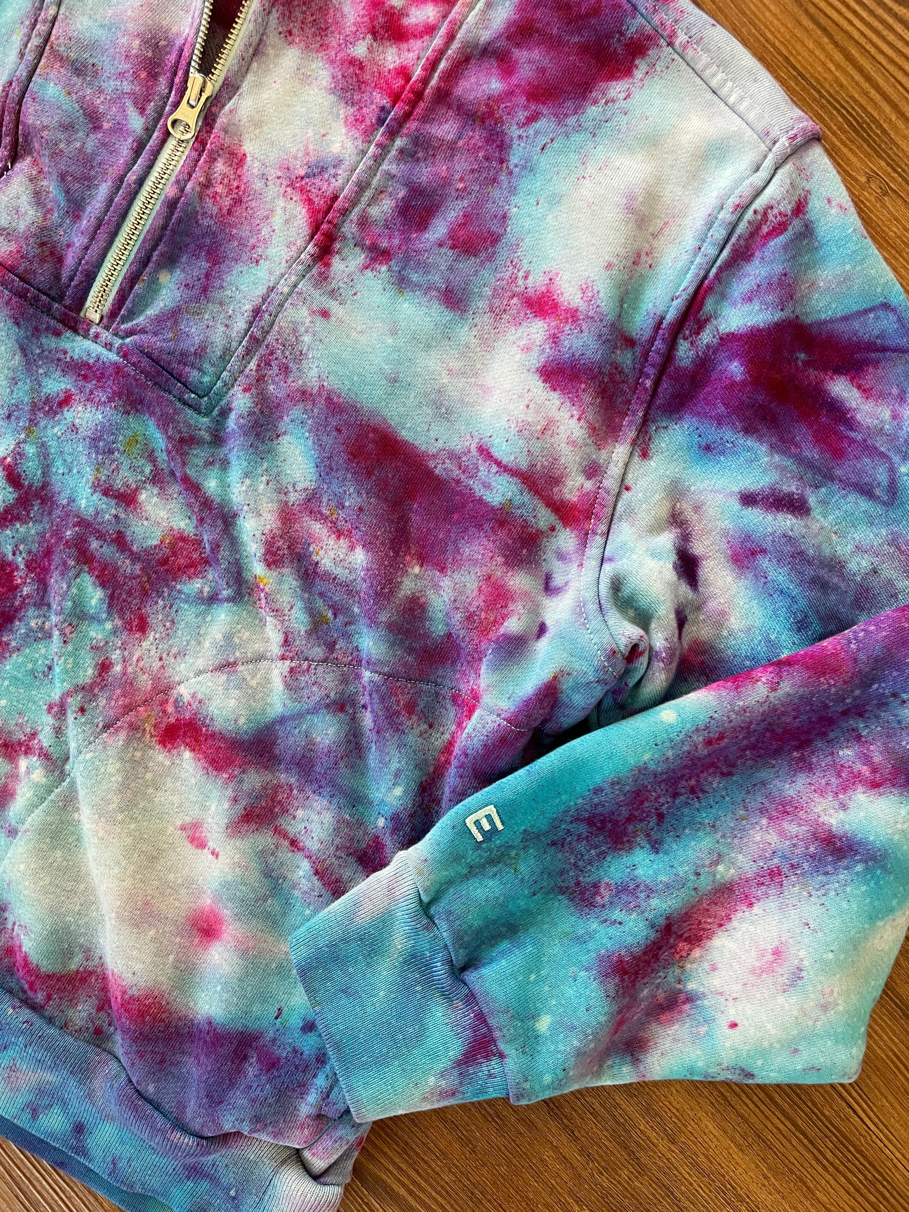 Large Women's Everlane Galaxy Handmade Tie Dye Zip-Up Sweater | Blue, Purple, and Pink Ice Dye Long Sleeve Sweater