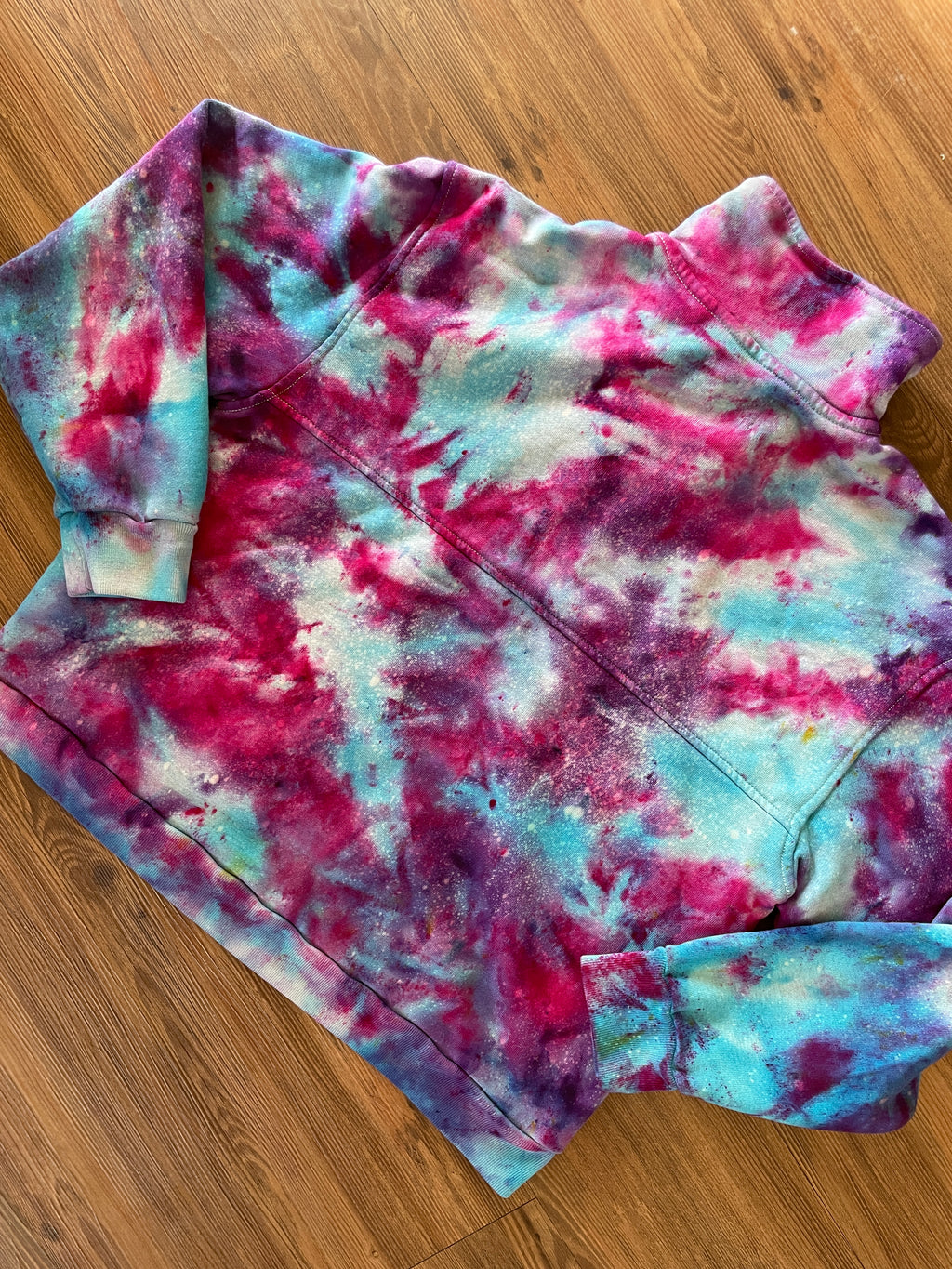 Large Women's Everlane Galaxy Handmade Tie Dye Zip-Up Sweater | Blue, Purple, and Pink Ice Dye Long Sleeve Sweater