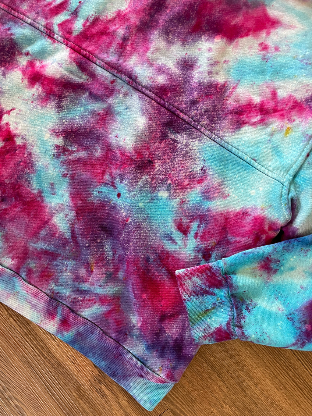 Large Women's Everlane Galaxy Handmade Tie Dye Zip-Up Sweater | Blue, Purple, and Pink Ice Dye Long Sleeve Sweater