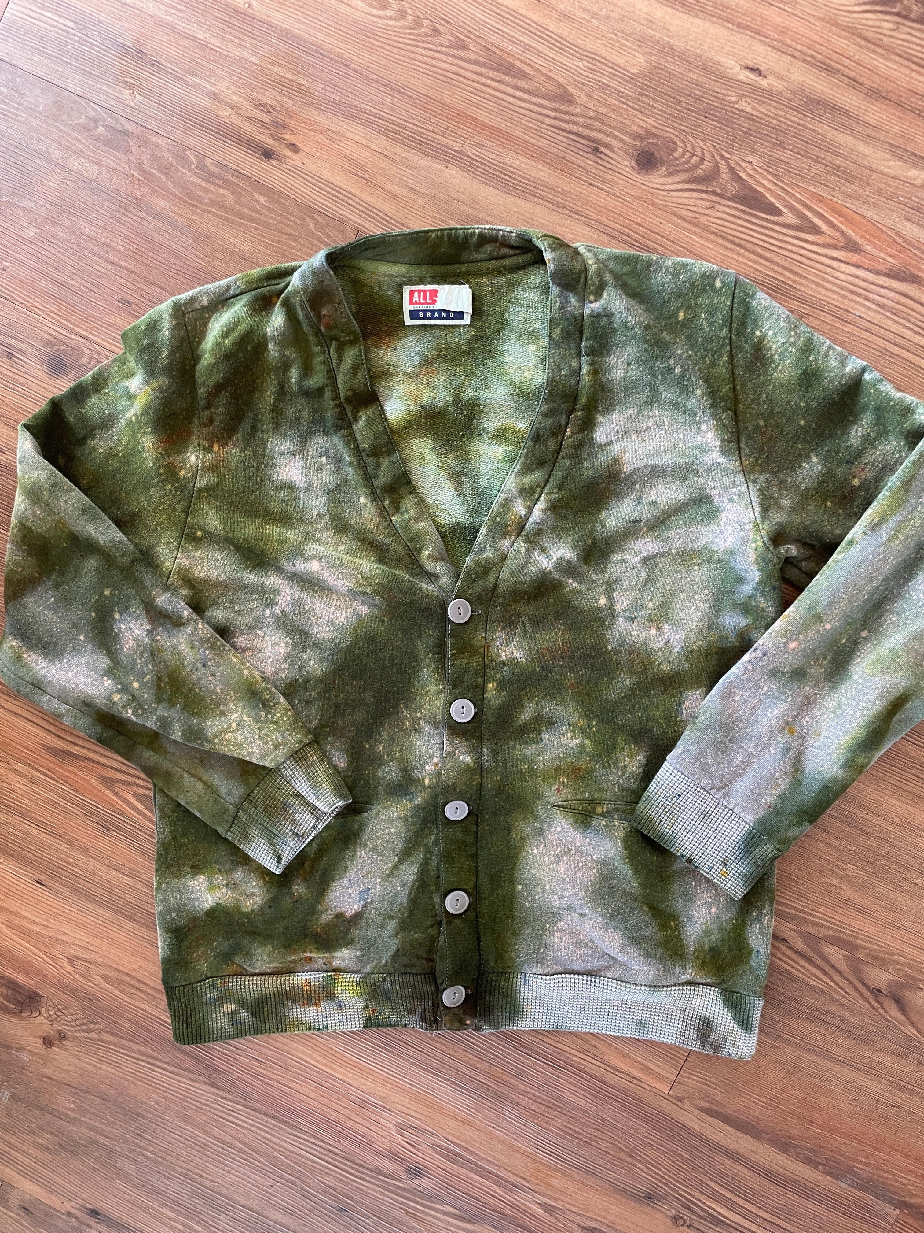 Large Men’s Handmade Tie Dye Grandpa-Style Button-Down Cardigan | Green and Gray Tie Dye Long Sleeve Sweater