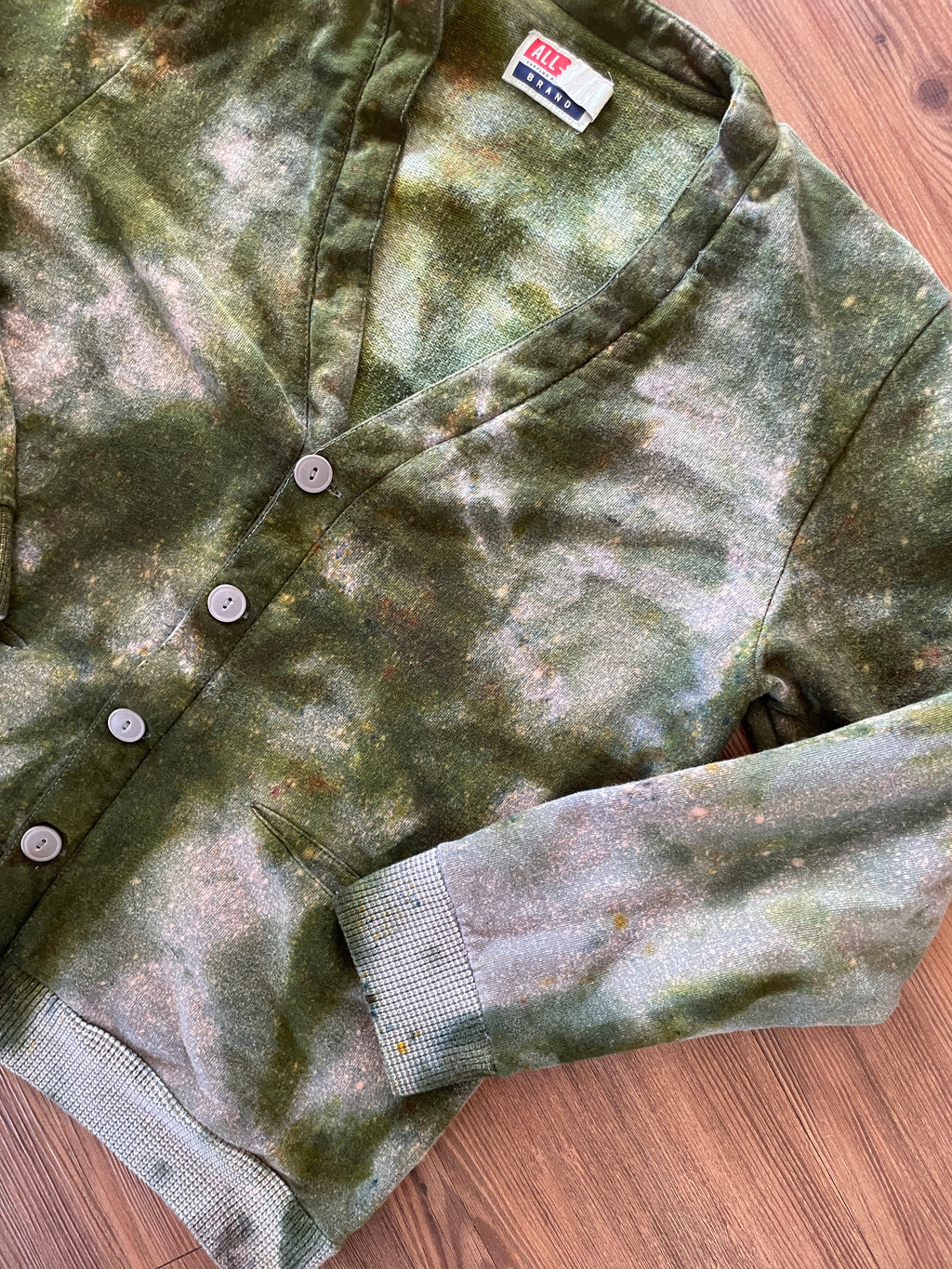Large Men’s Handmade Tie Dye Grandpa-Style Button-Down Cardigan | Green and Gray Tie Dye Long Sleeve Sweater