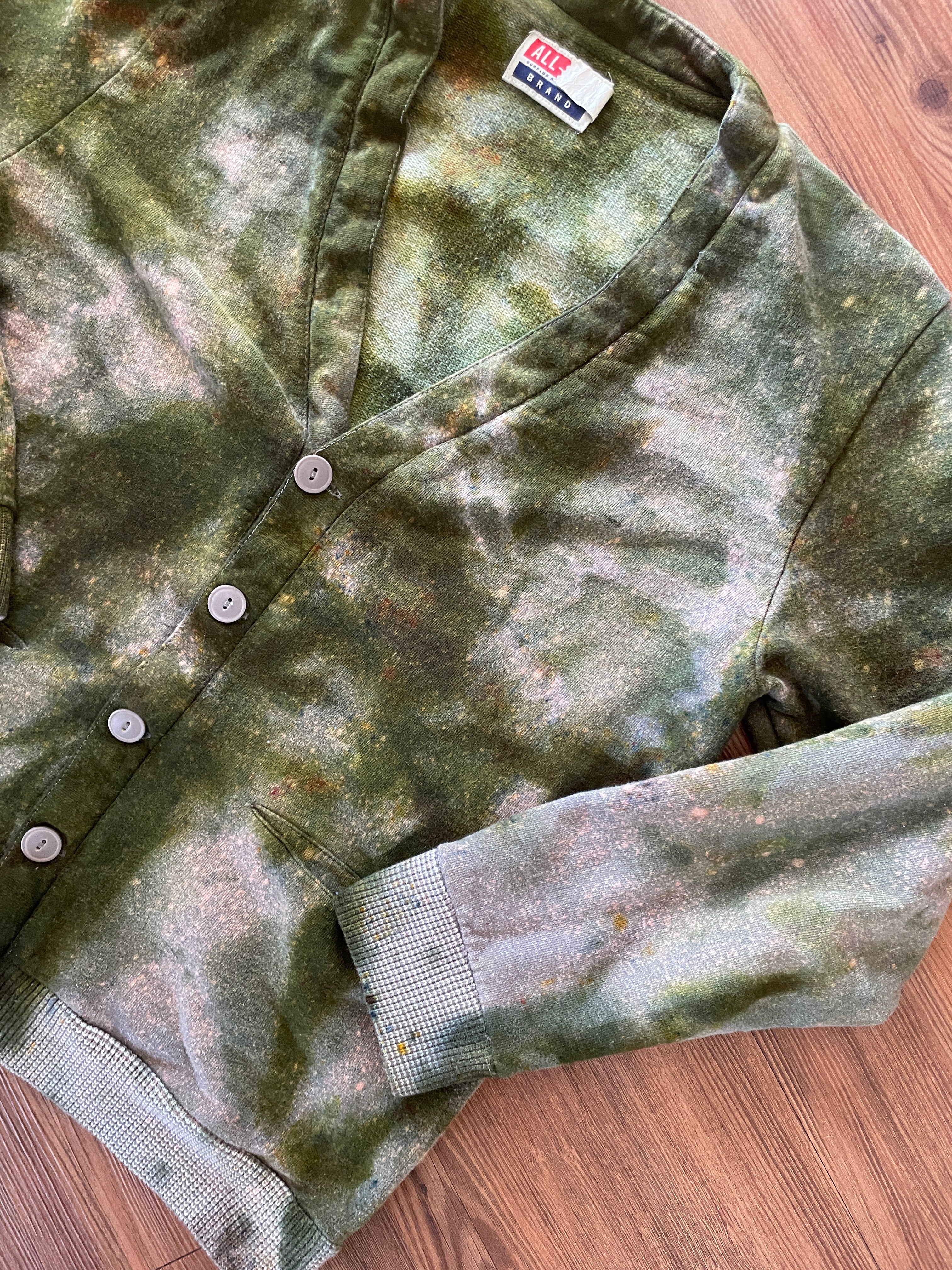 Large Men’s Handmade Tie Dye Grandpa-Style Button-Down Cardigan | Green and Gray Tie Dye Long Sleeve Sweater