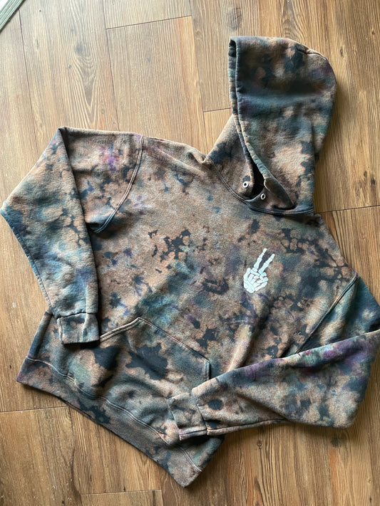 Medium Women’s Skeleton Peace Sign Bleach Dye Hoodie | Black and Pastel Purple and Blue Long Sleeve Sweatshirt