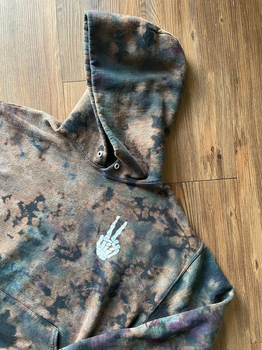 Medium Women’s Skeleton Peace Sign Bleach Dye Hoodie | Black and Pastel Purple and Blue Long Sleeve Sweatshirt