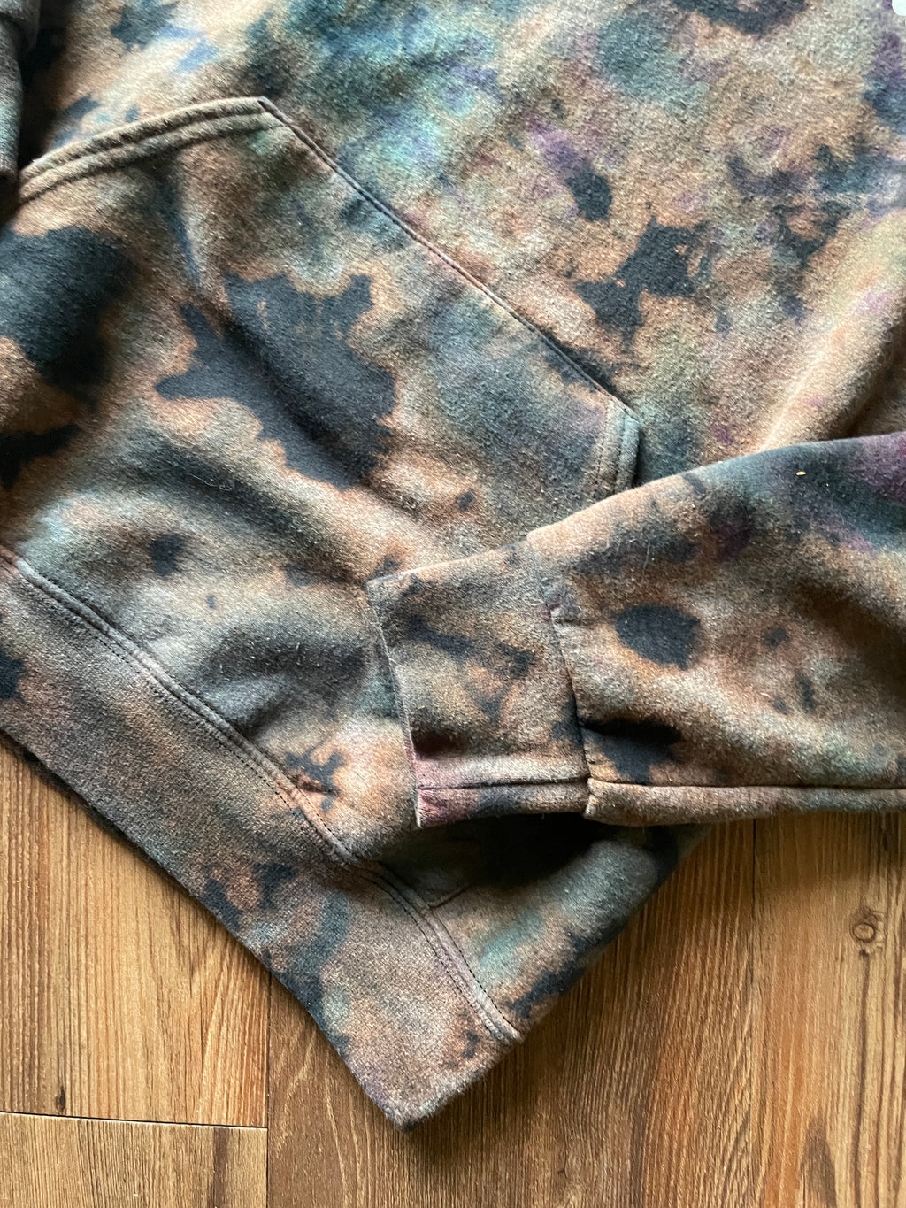 Medium Women’s Skeleton Peace Sign Bleach Dye Hoodie | Black and Pastel Purple and Blue Long Sleeve Sweatshirt