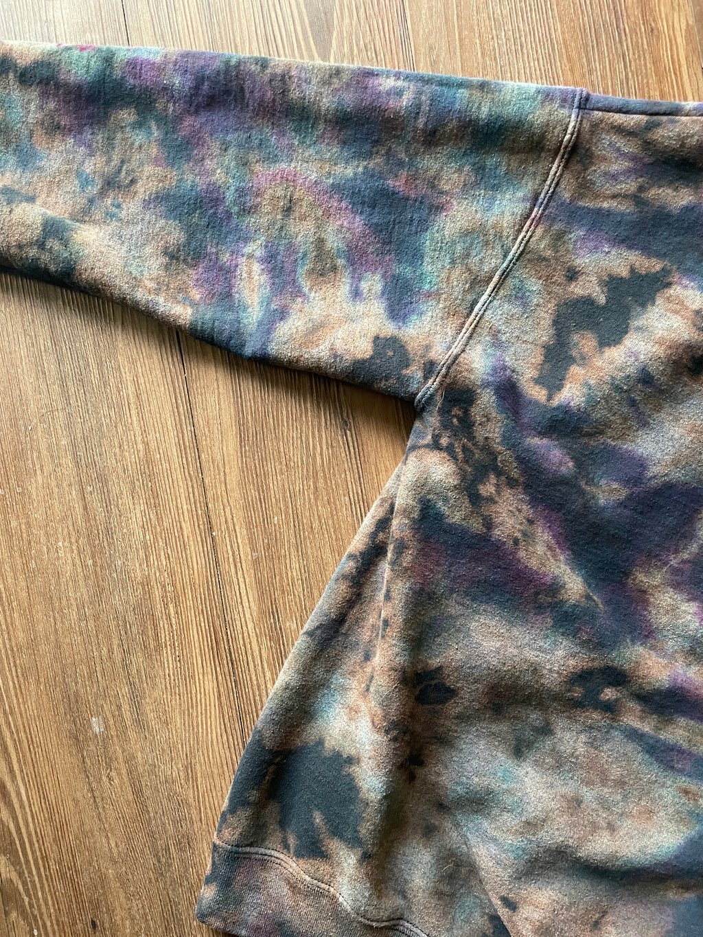 Medium Women’s Skeleton Peace Sign Bleach Dye Hoodie | Black and Pastel Purple and Blue Long Sleeve Sweatshirt