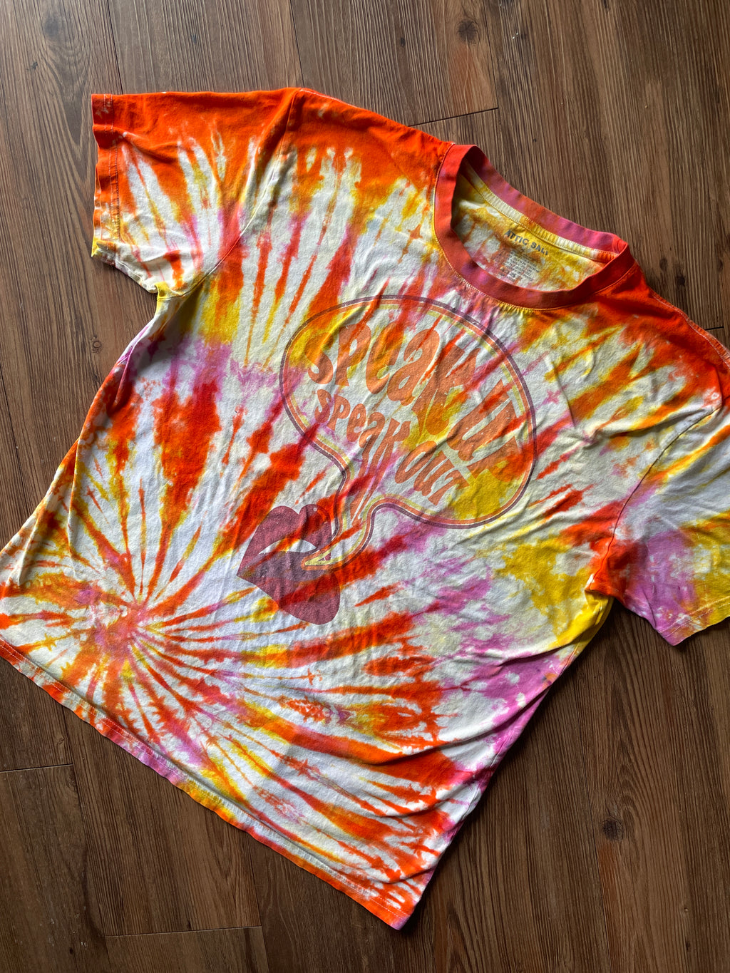 XL Women’s Speak Up, Speak Out Tie Dye T-Shirt | Red, Orange, Yellow, and Pink Spiral ShortSleeve
