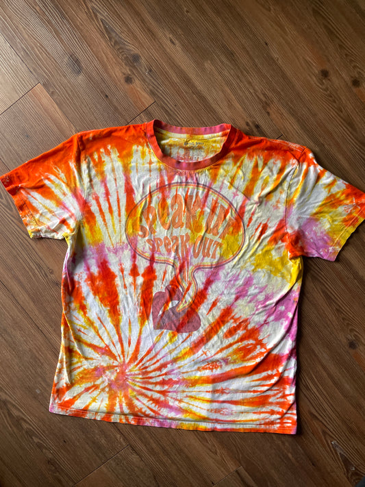 XL Women’s Speak Up, Speak Out Tie Dye T-Shirt | Red, Orange, Yellow, and Pink Spiral ShortSleeve