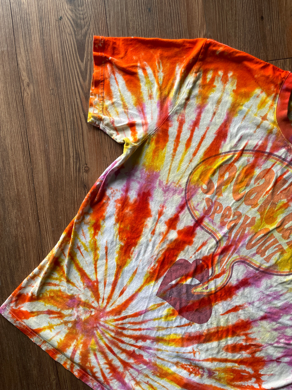 XL Women’s Speak Up, Speak Out Tie Dye T-Shirt | Red, Orange, Yellow, and Pink Spiral ShortSleeve