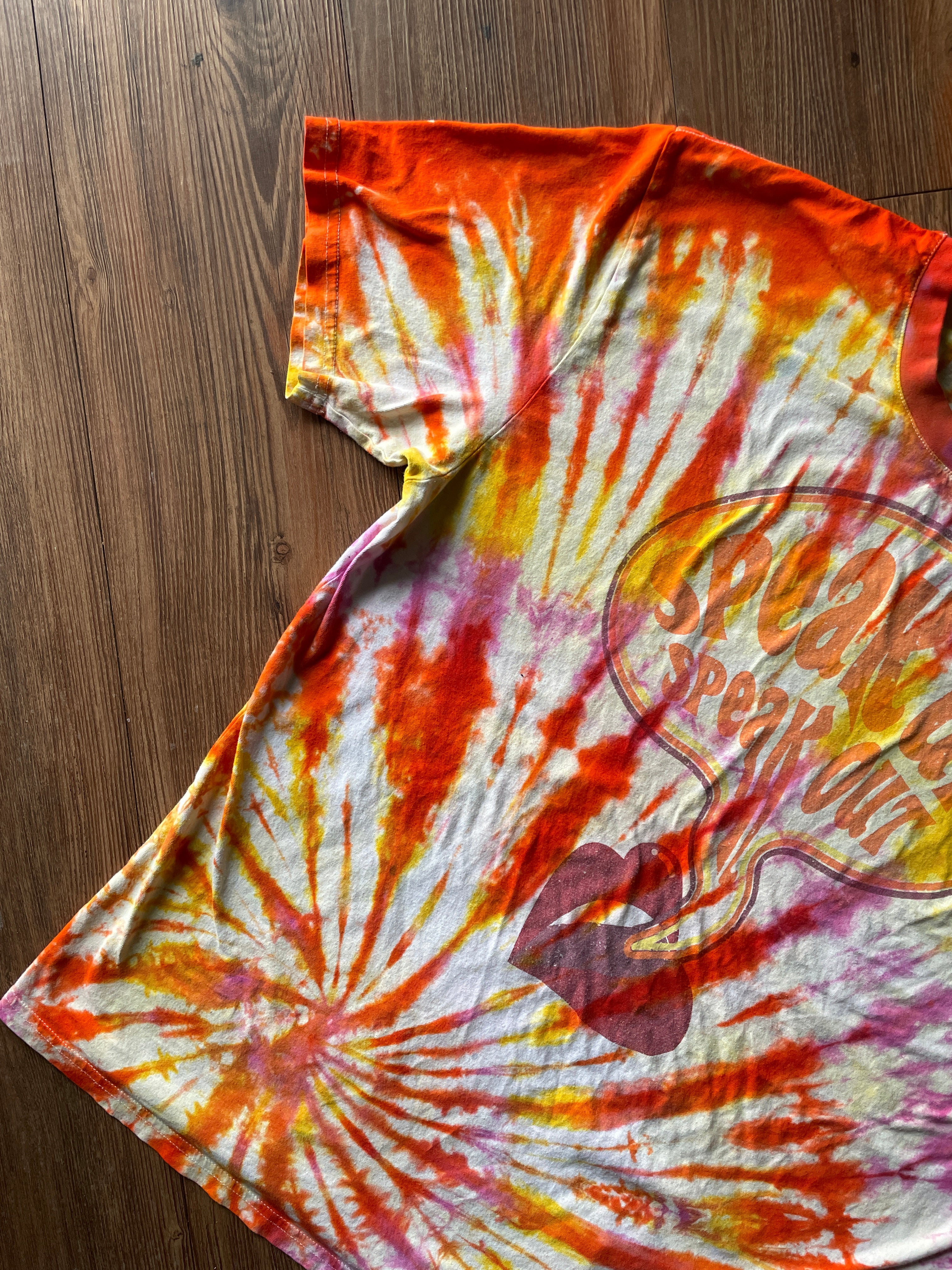 XL Women’s Speak Up, Speak Out Tie Dye T-Shirt | Red, Orange, Yellow, and Pink Spiral ShortSleeve