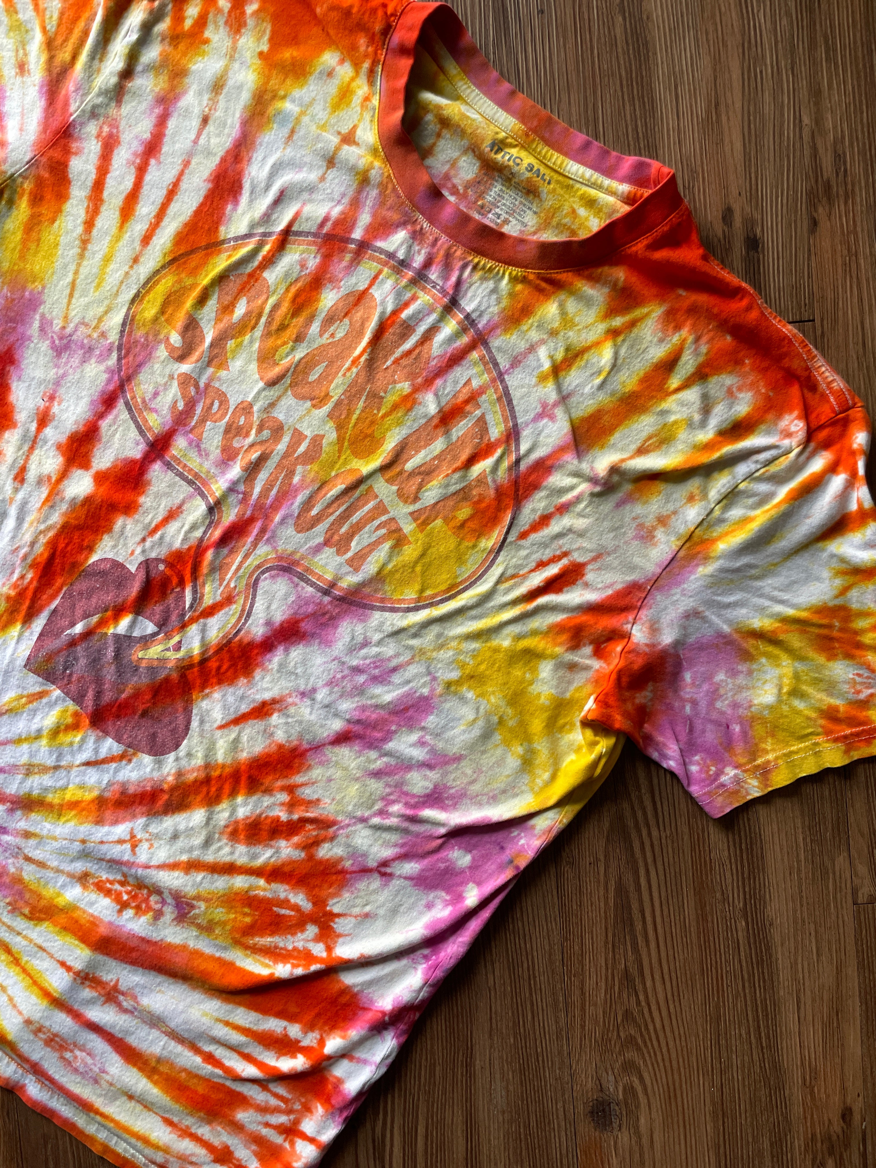 XL Women’s Speak Up, Speak Out Tie Dye T-Shirt | Red, Orange, Yellow, and Pink Spiral ShortSleeve