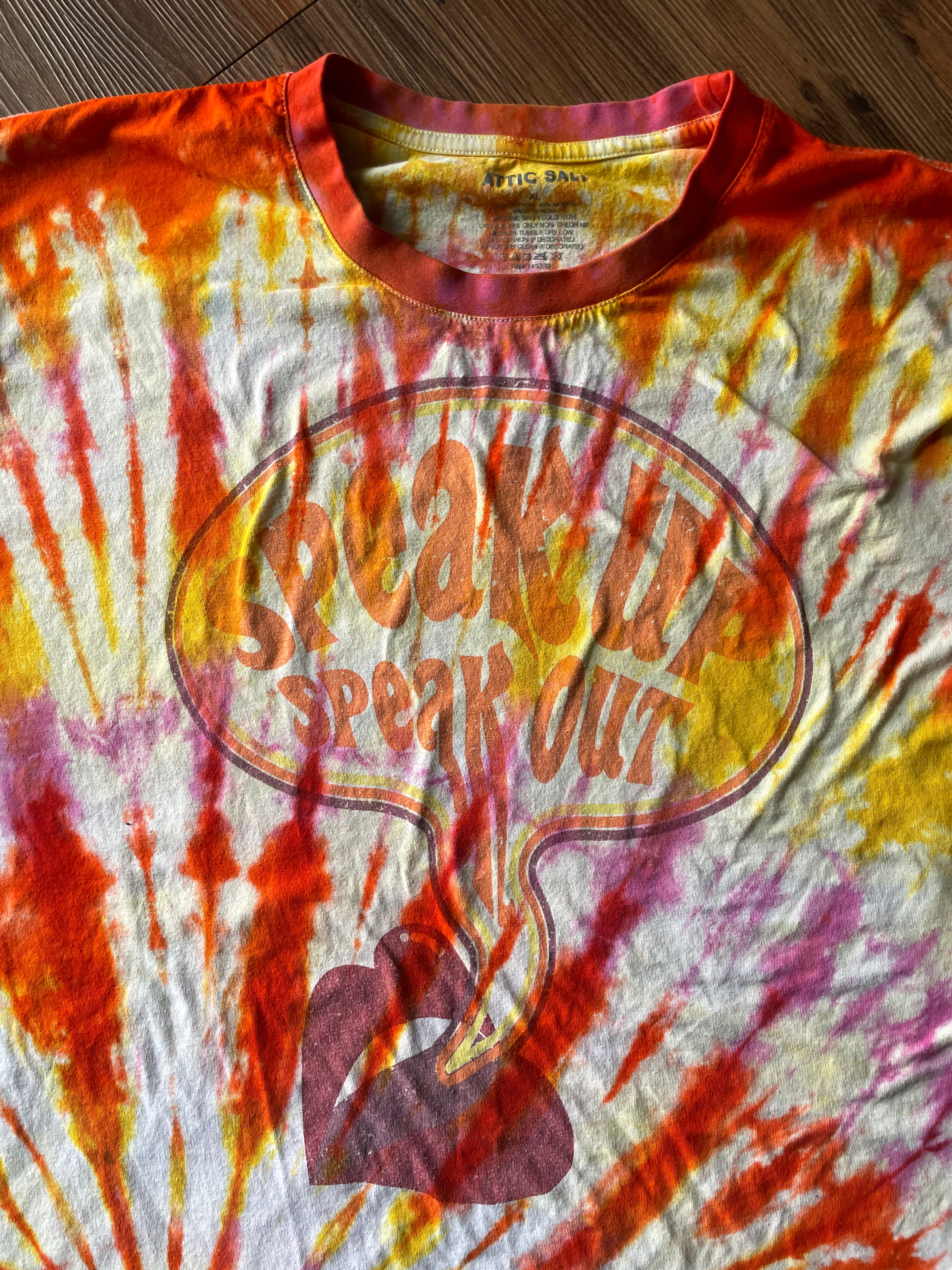 XL Women’s Speak Up, Speak Out Tie Dye T-Shirt | Red, Orange, Yellow, and Pink Spiral ShortSleeve