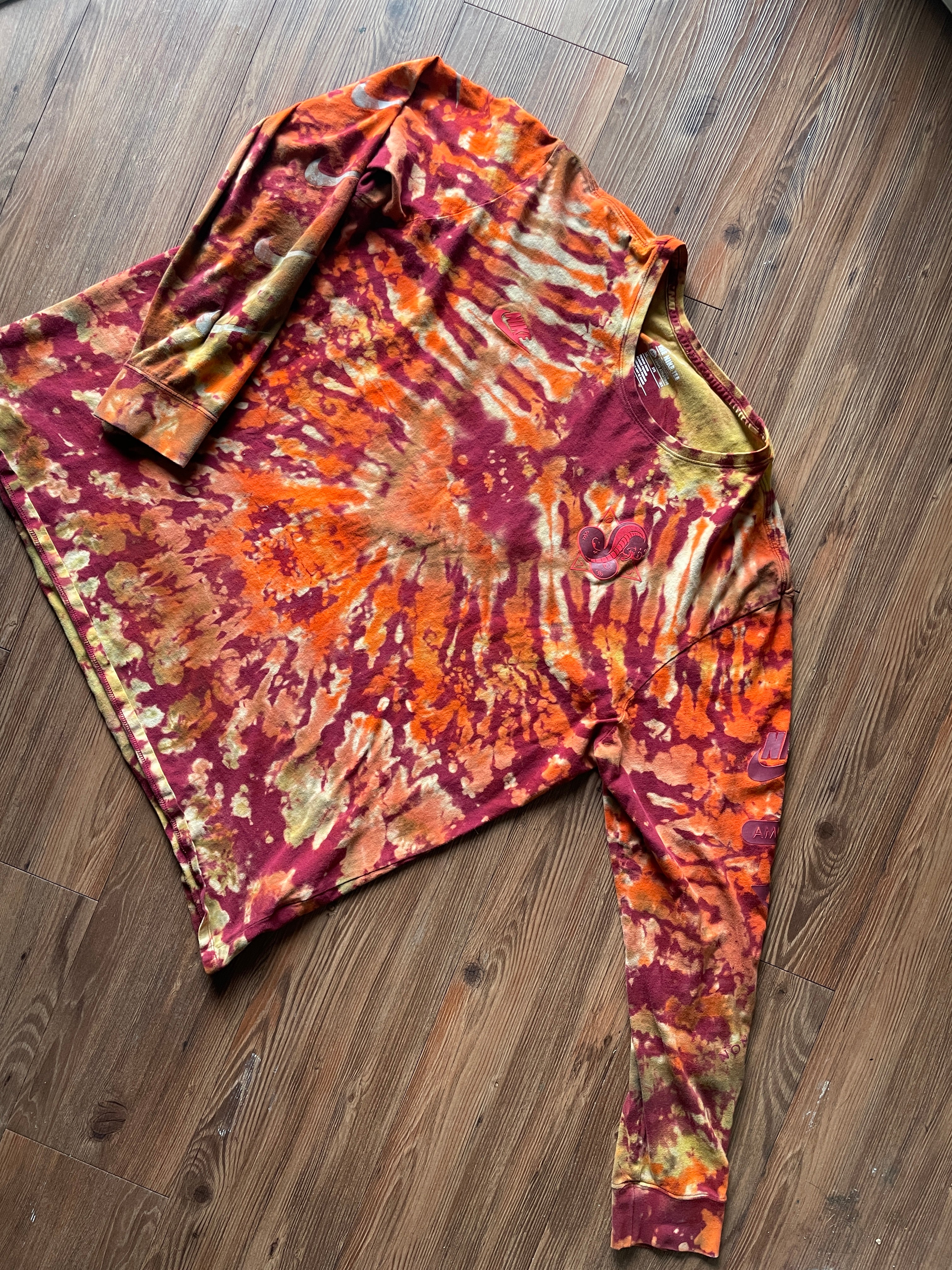 3XL Men’s Nike AM Crew Cobra Tie Dye Long Sleeve T-Shirt | Red, Orange, and Yellow Double Sided Graphic Tee