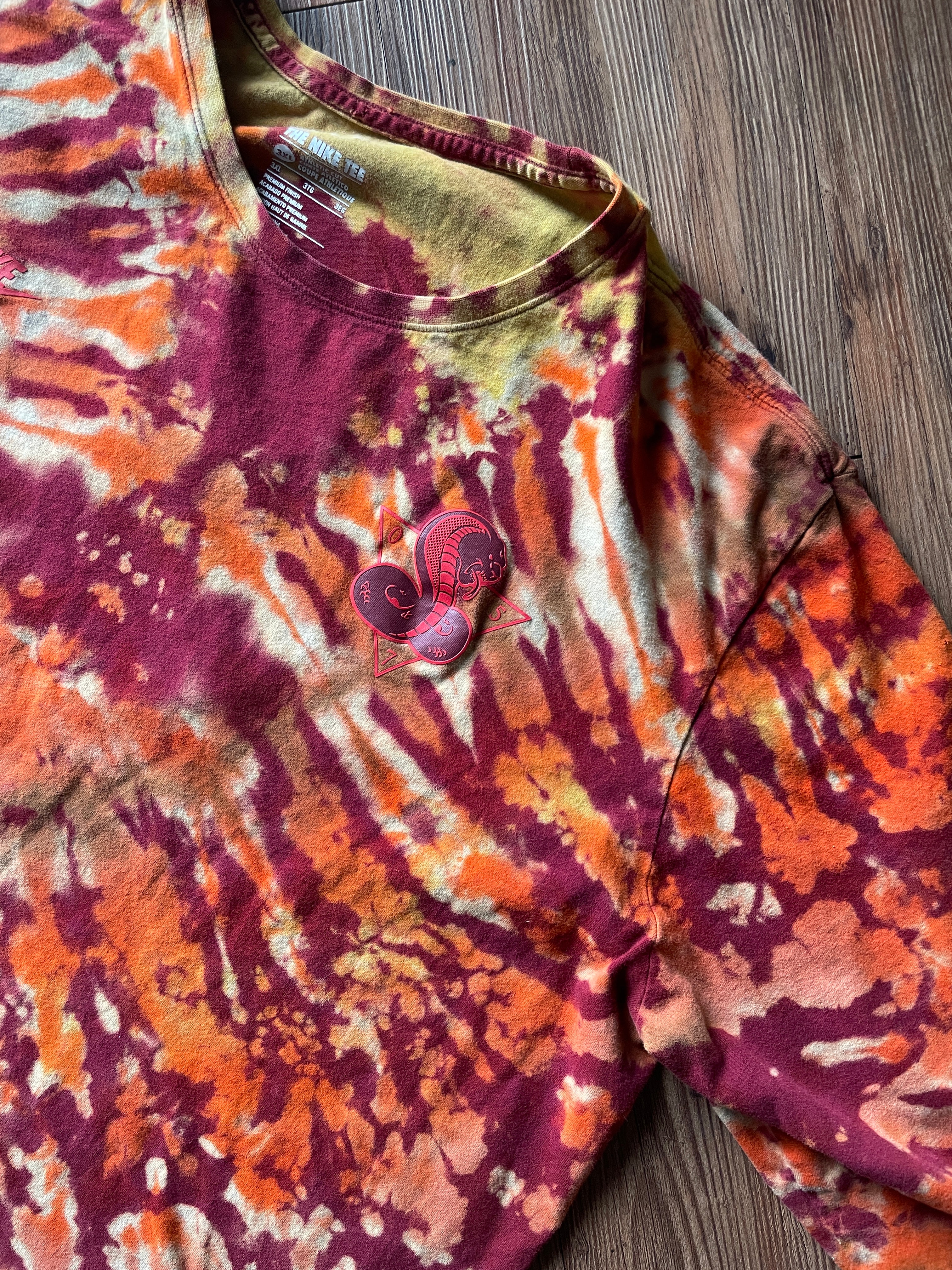 3XL Men’s Nike AM Crew Cobra Tie Dye Long Sleeve T-Shirt | Red, Orange, and Yellow Double Sided Graphic Tee