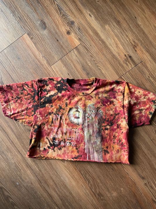 Medium Men’s Led Zeppelin Stairway to Heaven Tie Dye Crop Top | Black and Red Crumpled Short Sleeve Cropped T-Shirt