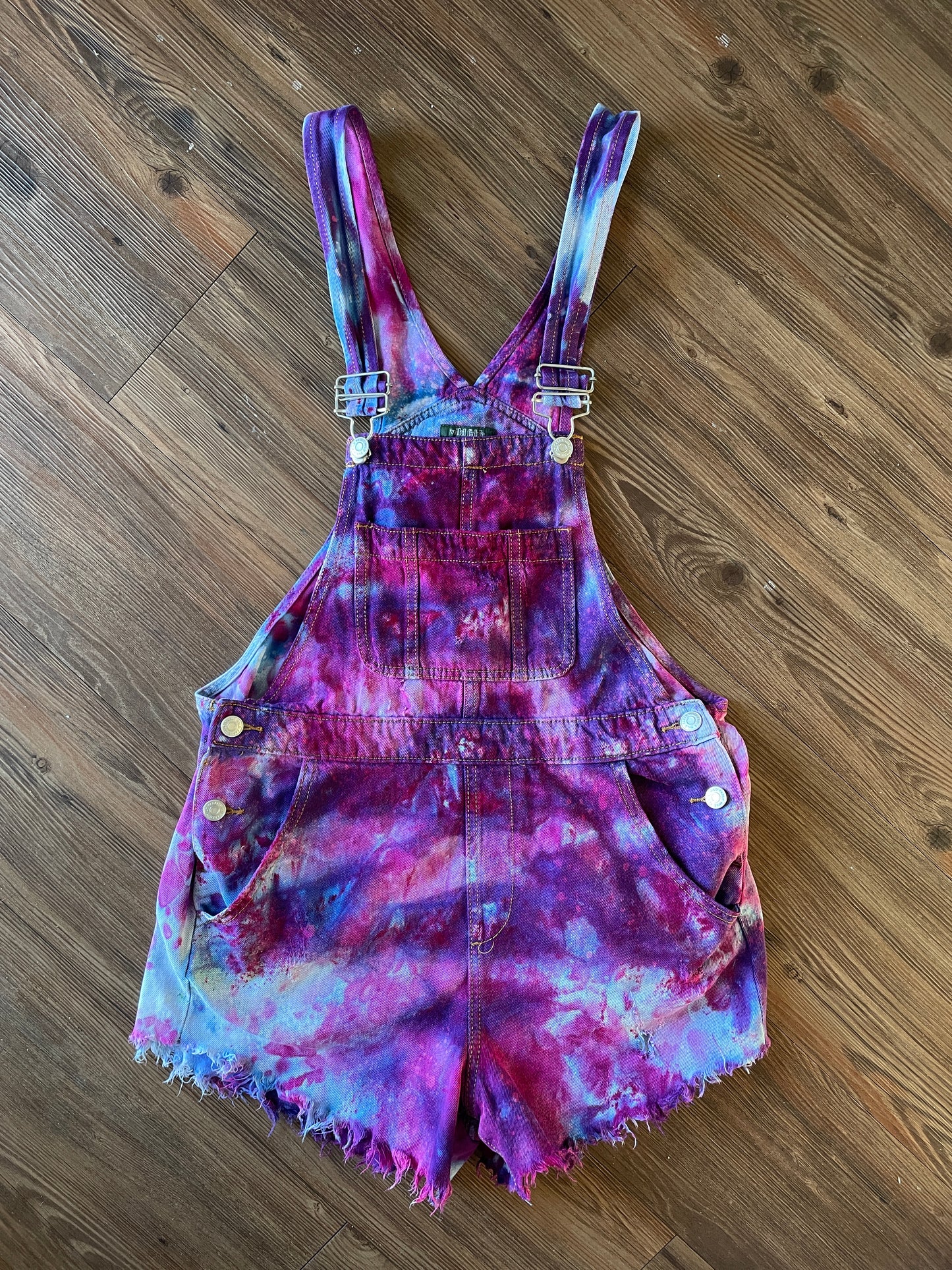 Small Women's Galaxy Dye Tie Dye Overall Shorts | Pink and Purple Shortalls