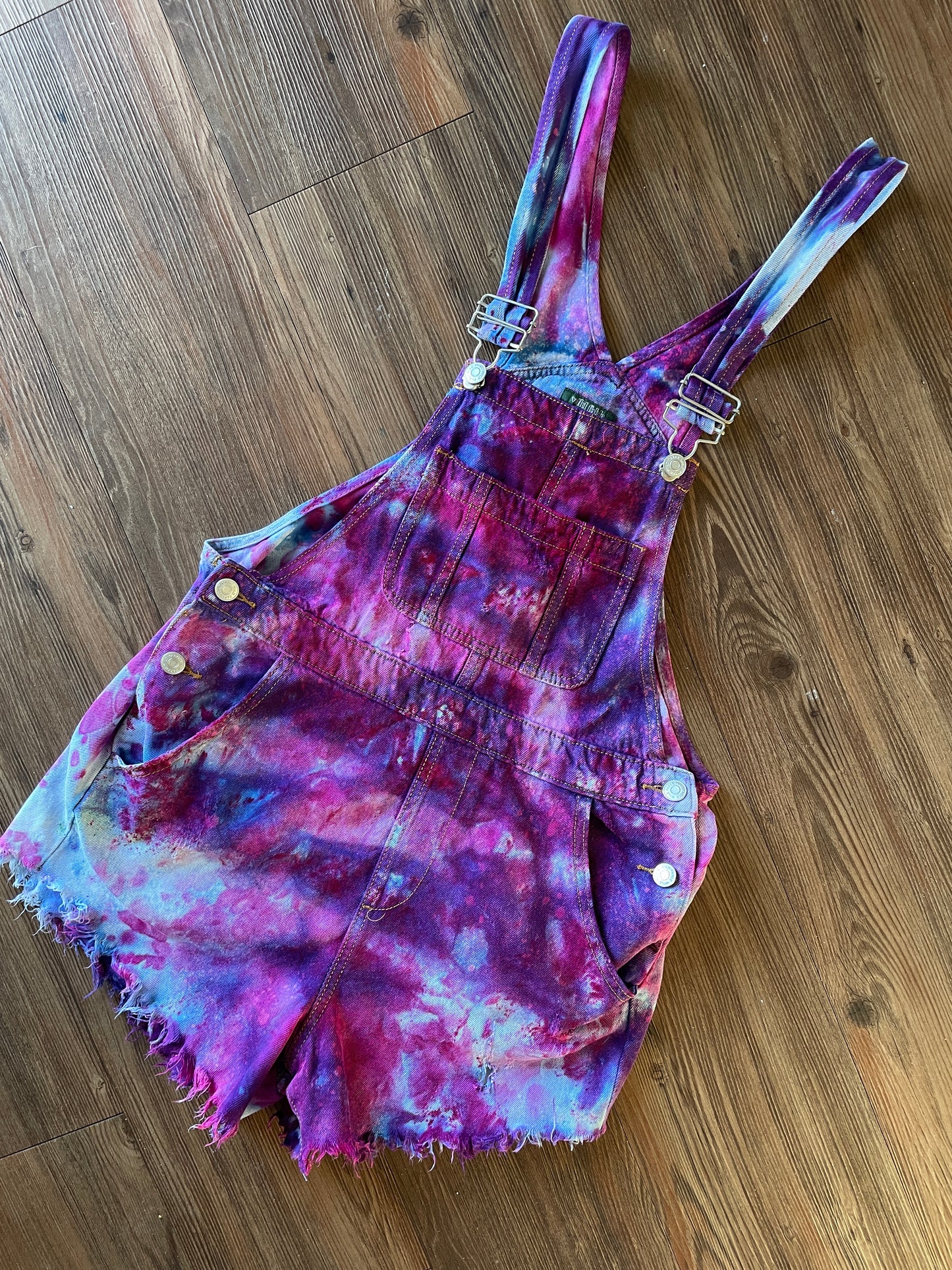 Small Women's Galaxy Dye Tie Dye Overall Shorts | Pink and Purple Shortalls