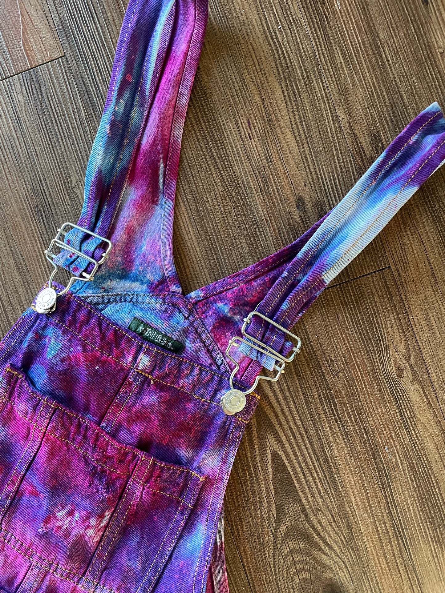 Small Women's Galaxy Dye Tie Dye Overall Shorts | Pink and Purple Shortalls