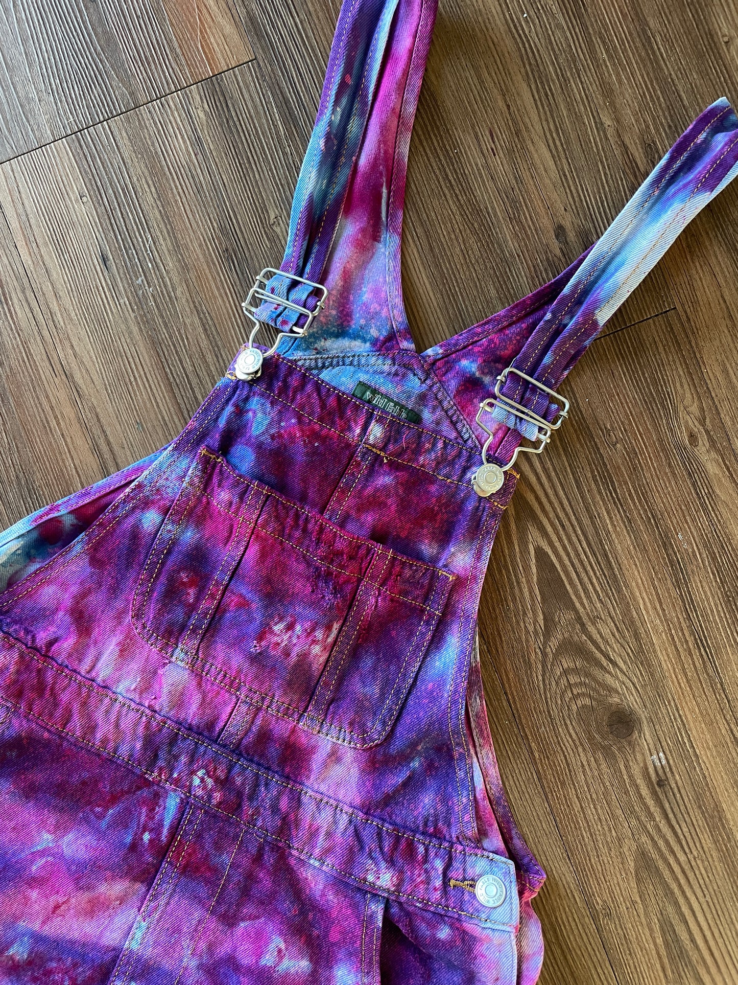 Small Women's Galaxy Dye Tie Dye Overall Shorts | Pink and Purple Shortalls