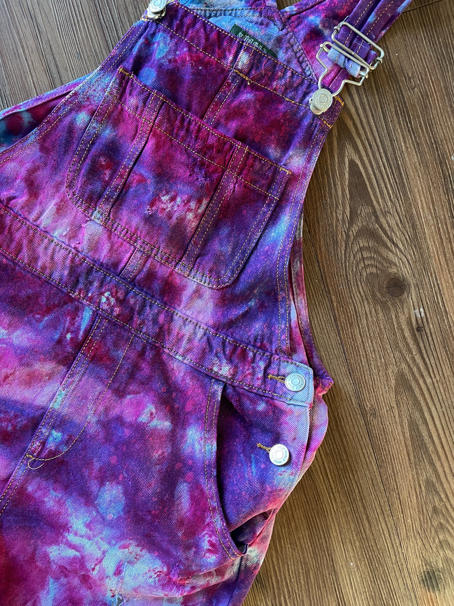 Small Women's Galaxy Dye Tie Dye Overall Shorts | Pink and Purple Shortalls