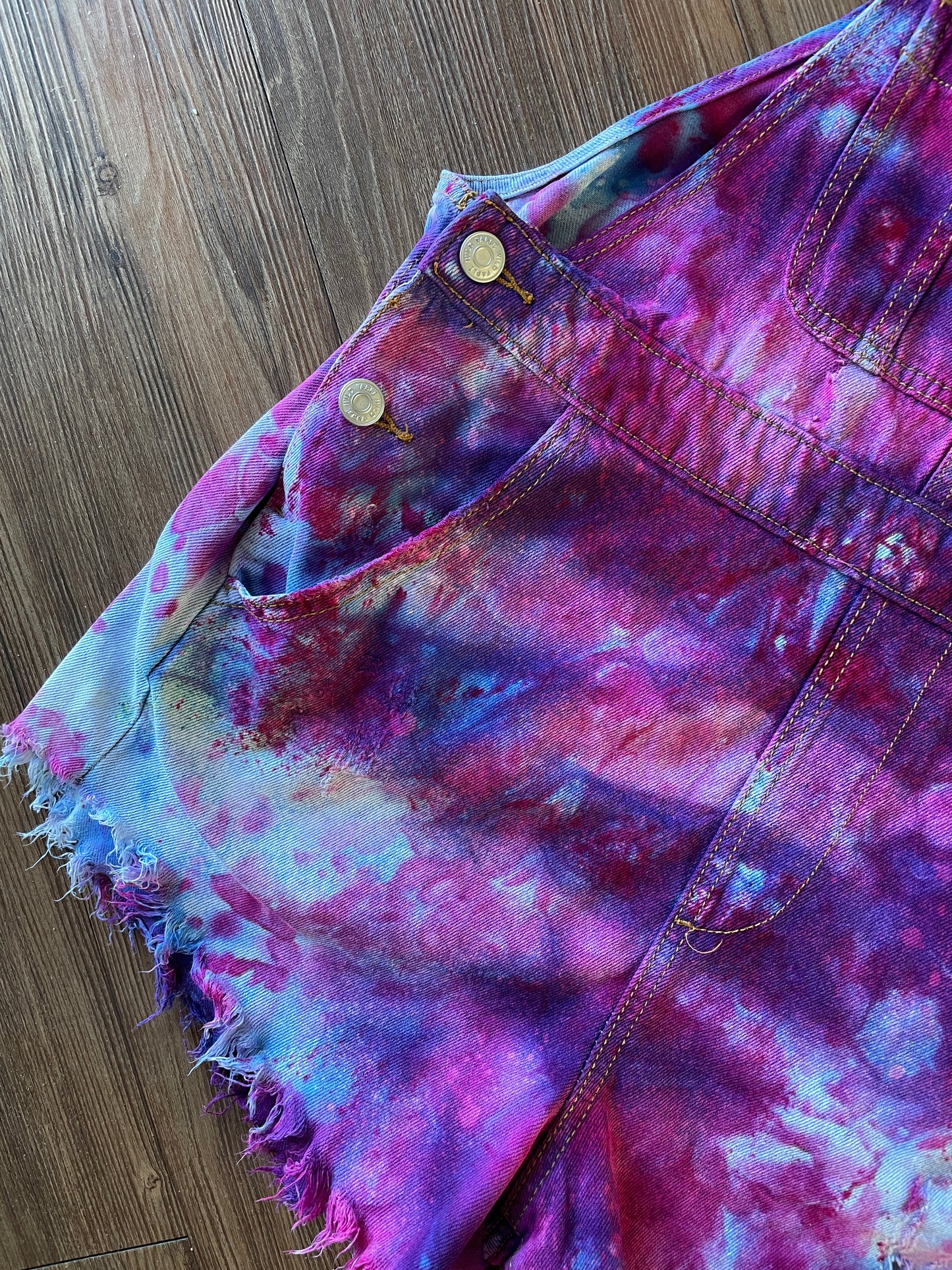 Small Women's Galaxy Dye Tie Dye Overall Shorts | Pink and Purple Shortalls