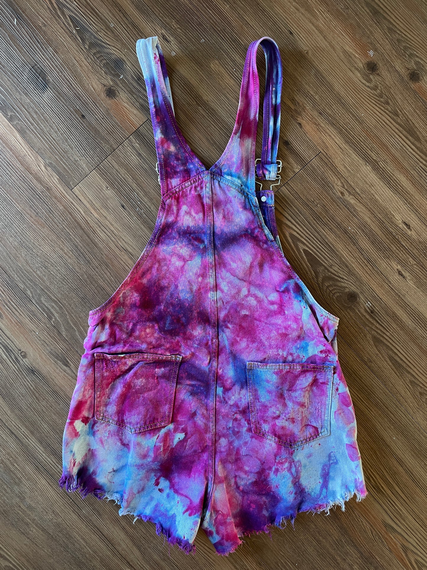 Small Women's Galaxy Dye Tie Dye Overall Shorts | Pink and Purple Shortalls